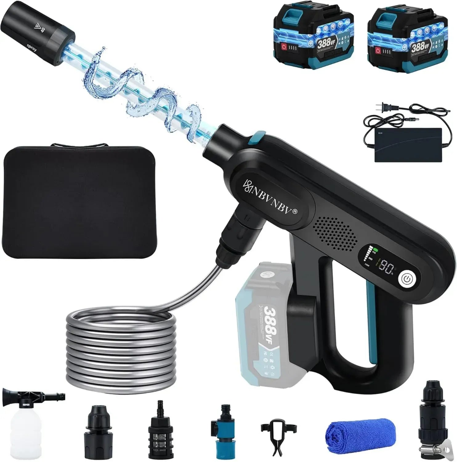 Kabelloser Hochdruckreiniger mit 18V Makita Akku, 3-stufig, max. 220 Bar, 5-in-1 Düse, 5m Schlauch, Schwarz, inkl. 2 Akkus