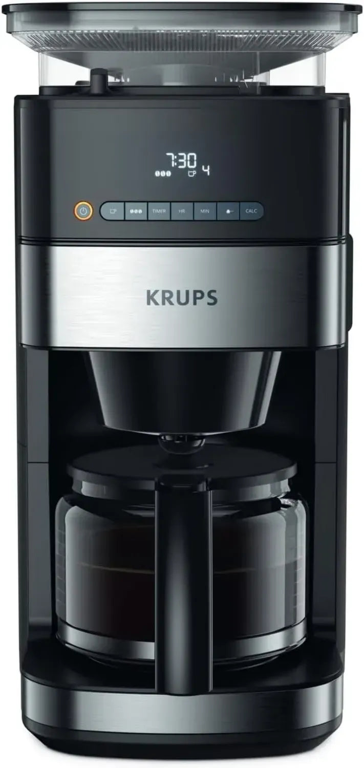 Krups Kaffeemaschine mit integriertem Mahlwerk und Timer, 180g Bohnenbehälter, 1,25L Kapazität, Auto-Off, 3 Mahlgrade, Schwarz