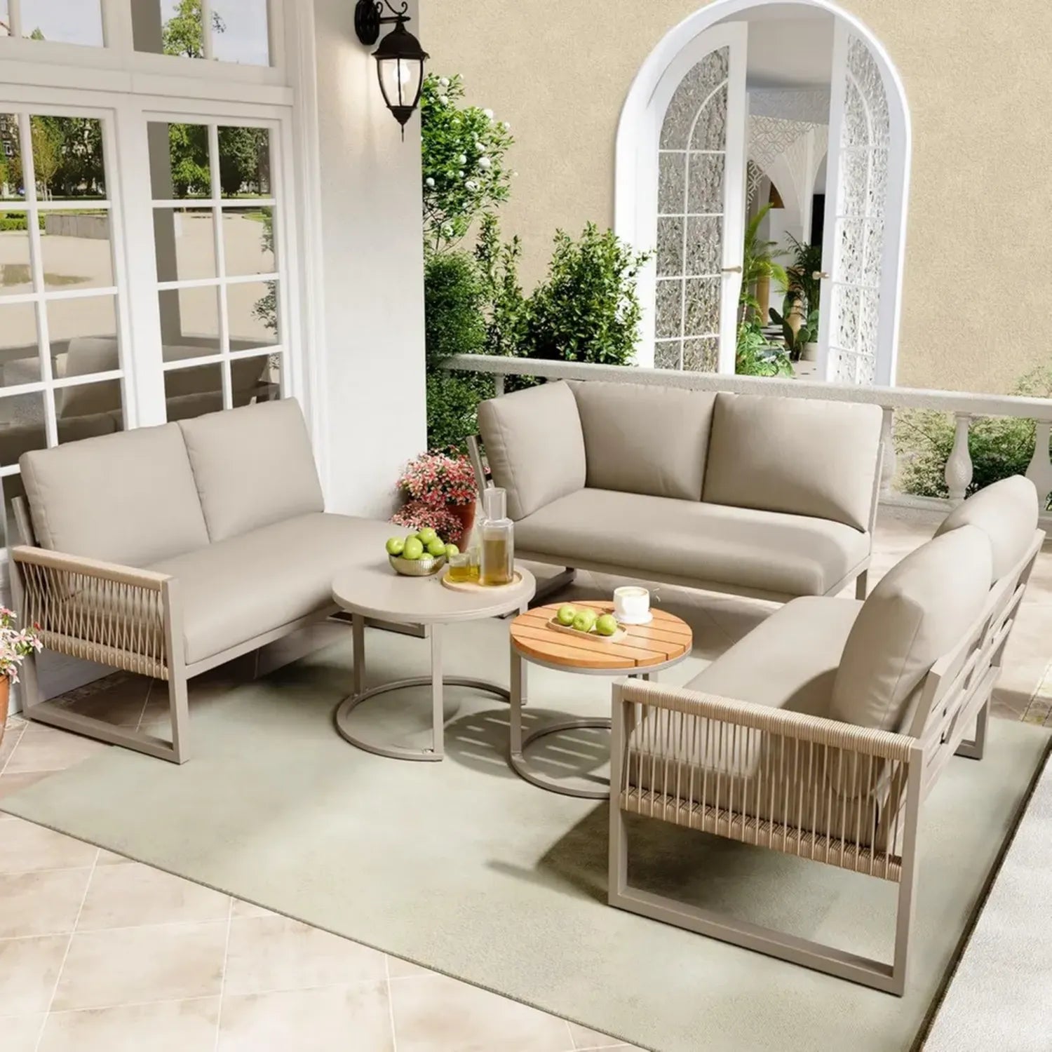 Modulares Gartenmöbel-Set für 6-7 Personen, Ecksofa mit robustem Gestell, höhenverstellbar, inkl. Kissen, Beige