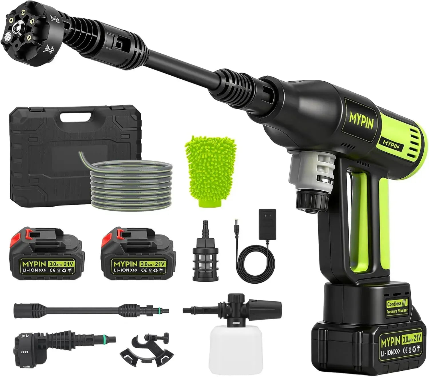 MYPIN Kabelloser Hochdruckreiniger 21V, 725 PSI, LCD-Display, 2 Akkus, 6-in-1-Düse für vielseitige Reinigung