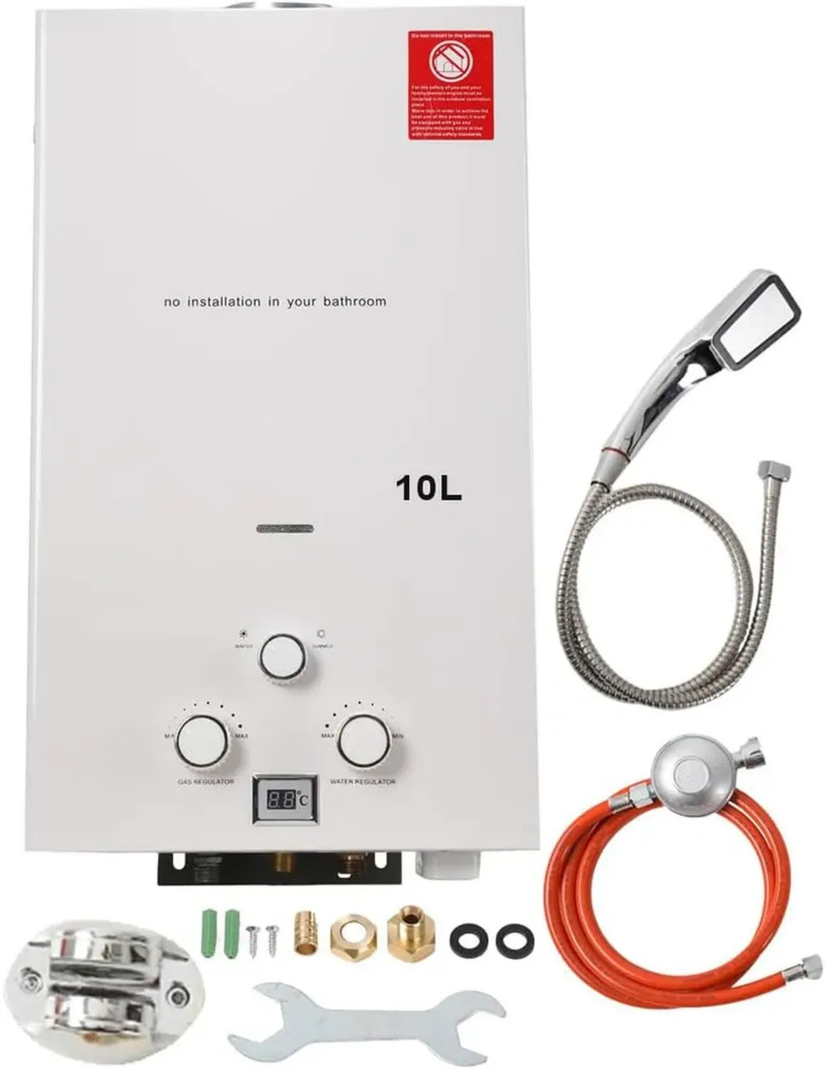 Tragbarer 10L Gas-Durchlauferhitzer 20KW, Propan-Campingdusche mit Gasdruckregler, CE-Zertifikat, Weiß