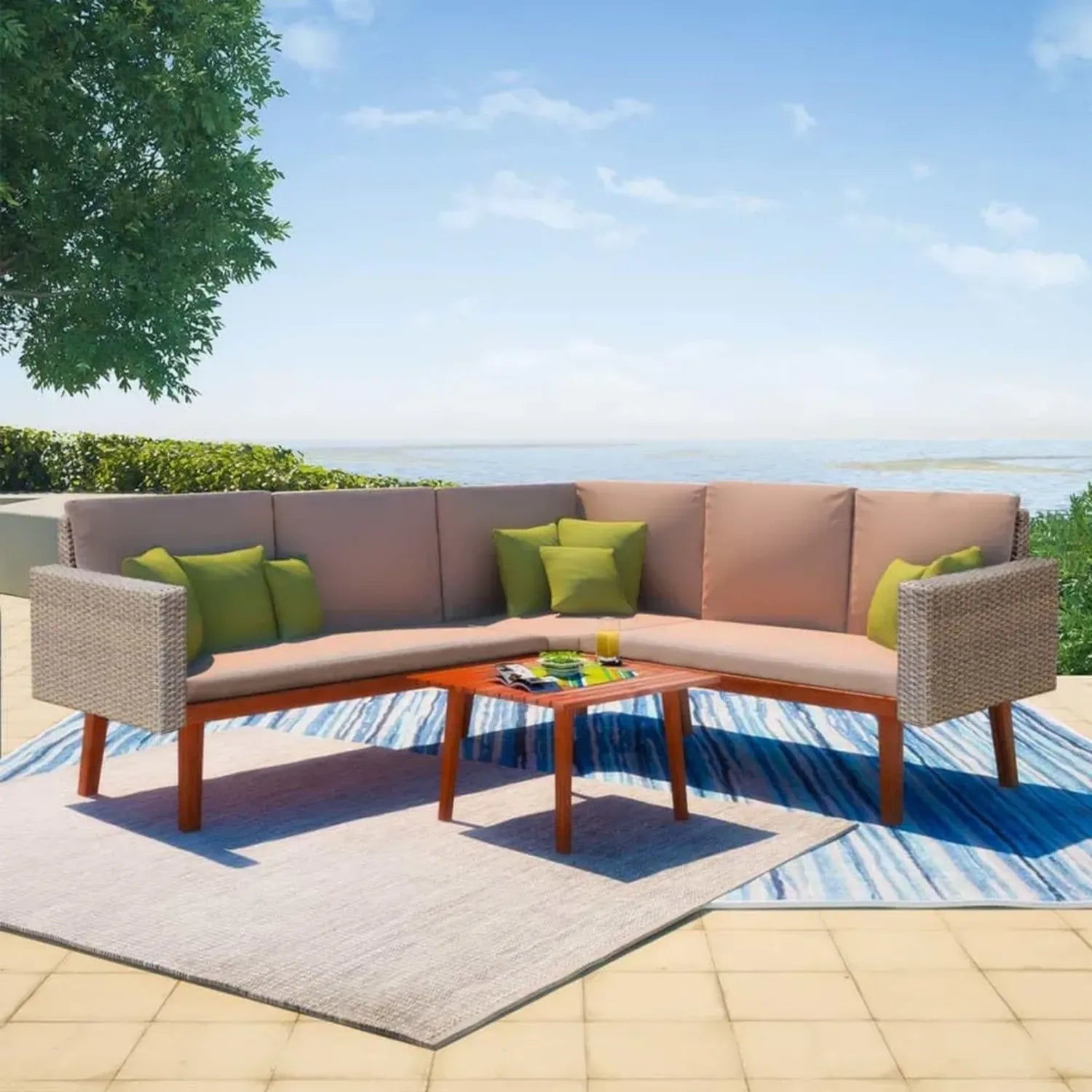 Garten-Lounge-Set 4-tlg. in Grau mit Polyrattan, Ecksofa und Tisch, Wetterfest und Komfortabel