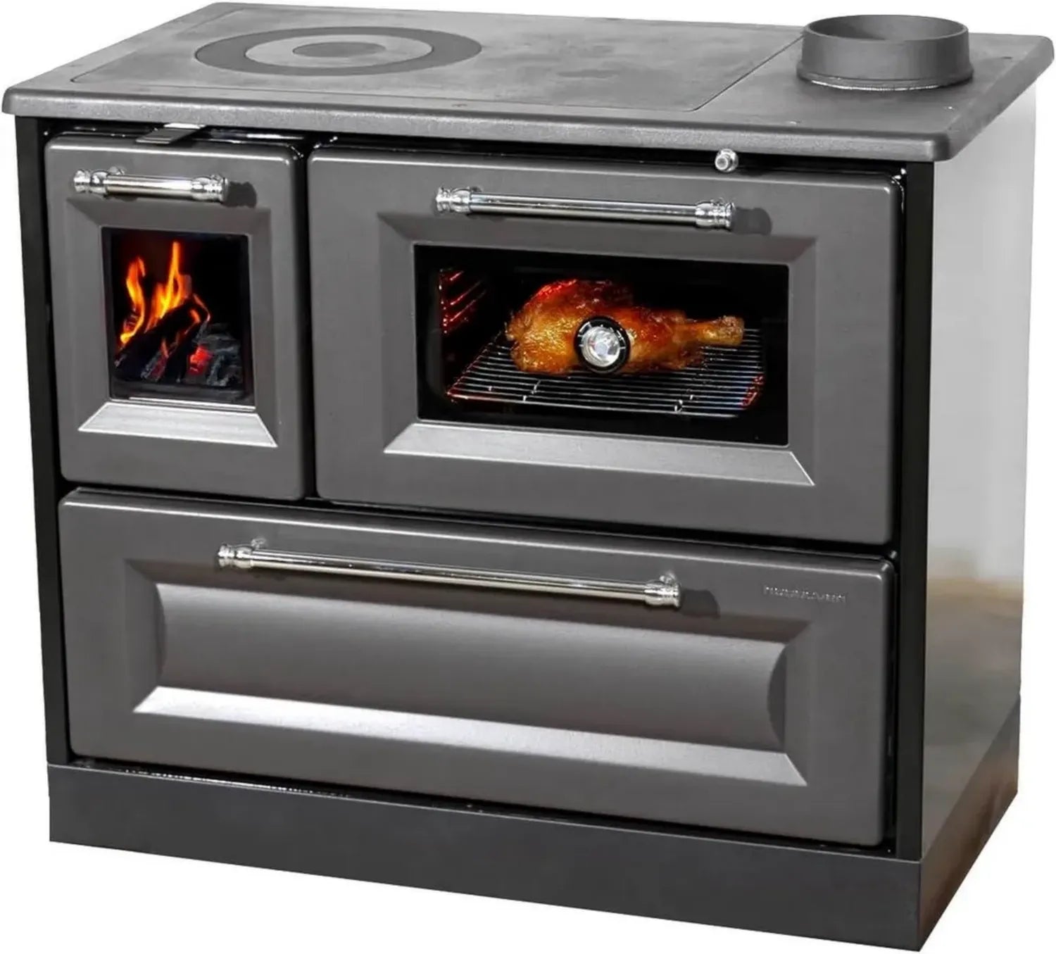 Moderner Holzofen 8 kW mit Backfach und Kochplatte, Anthrazit für Mehrfachbelegung