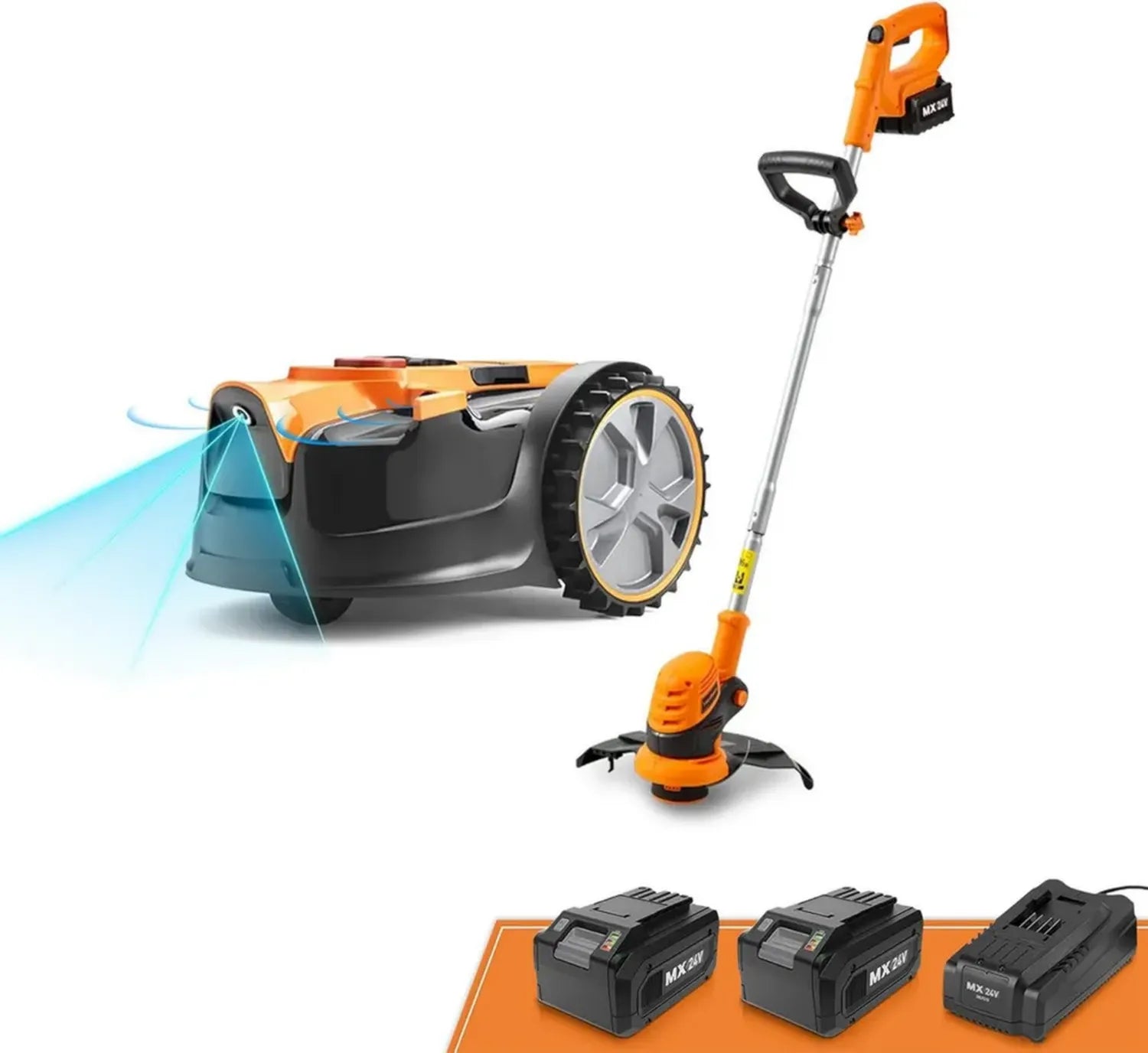 LawnMaster OcuMow® Robotermäher-Set mit 24V Trimmer, optischer Navigation und Hindernisvermeidung für präzisen Schnitt bis 250㎡