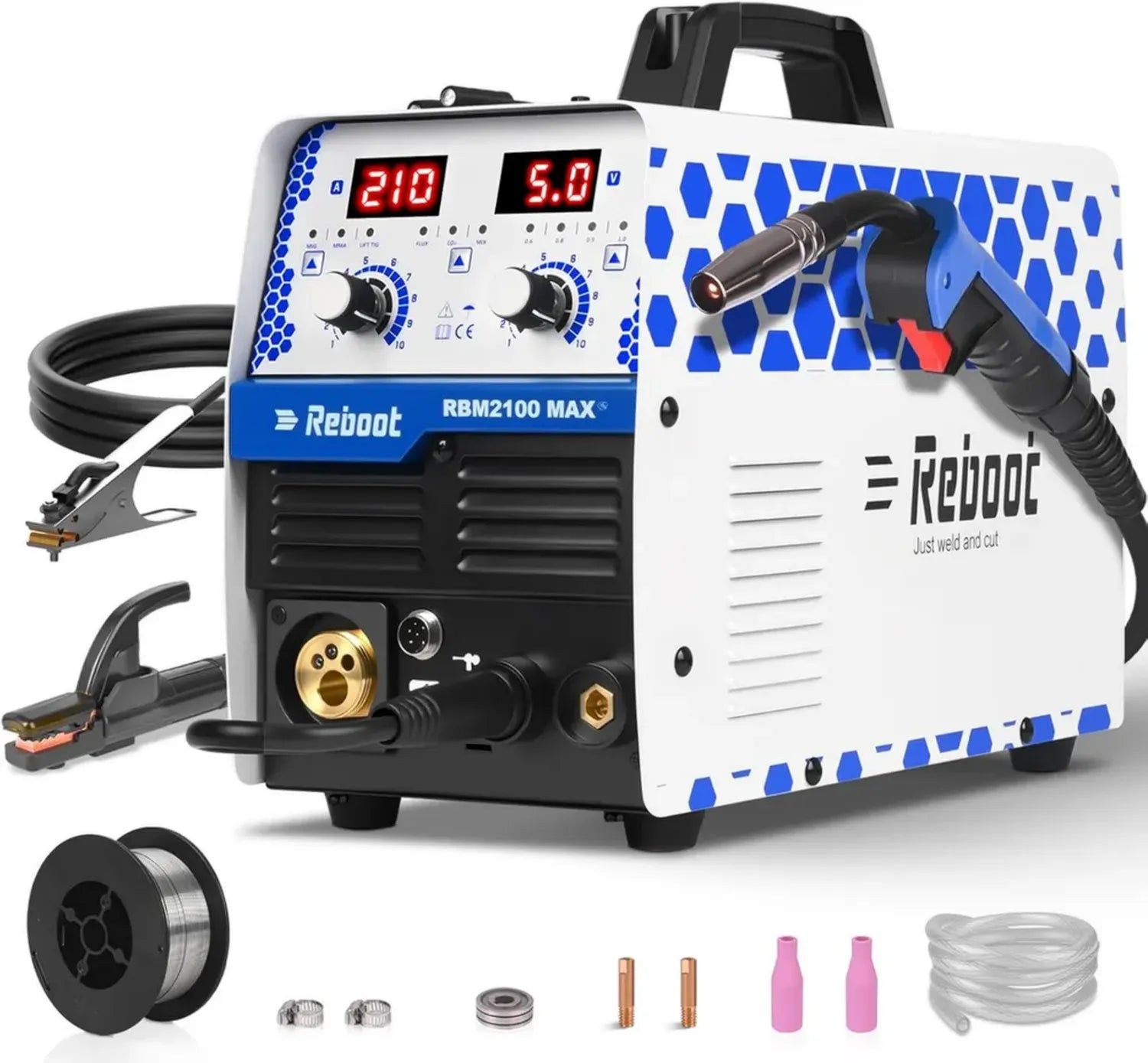 Reboot 210A MIG/MAG Schweißgerät 6-in-1 mit Synergie- und Manuellem Modus, Lift-TIG & Alu Funktion, 230V LED-Anzeige