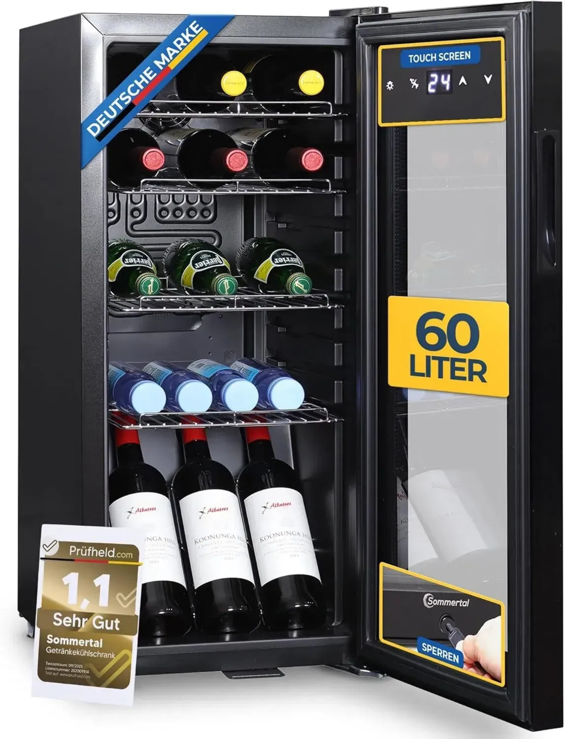 Flaschenkühlschrank 60L mit Glastür, LED & Touchscreen