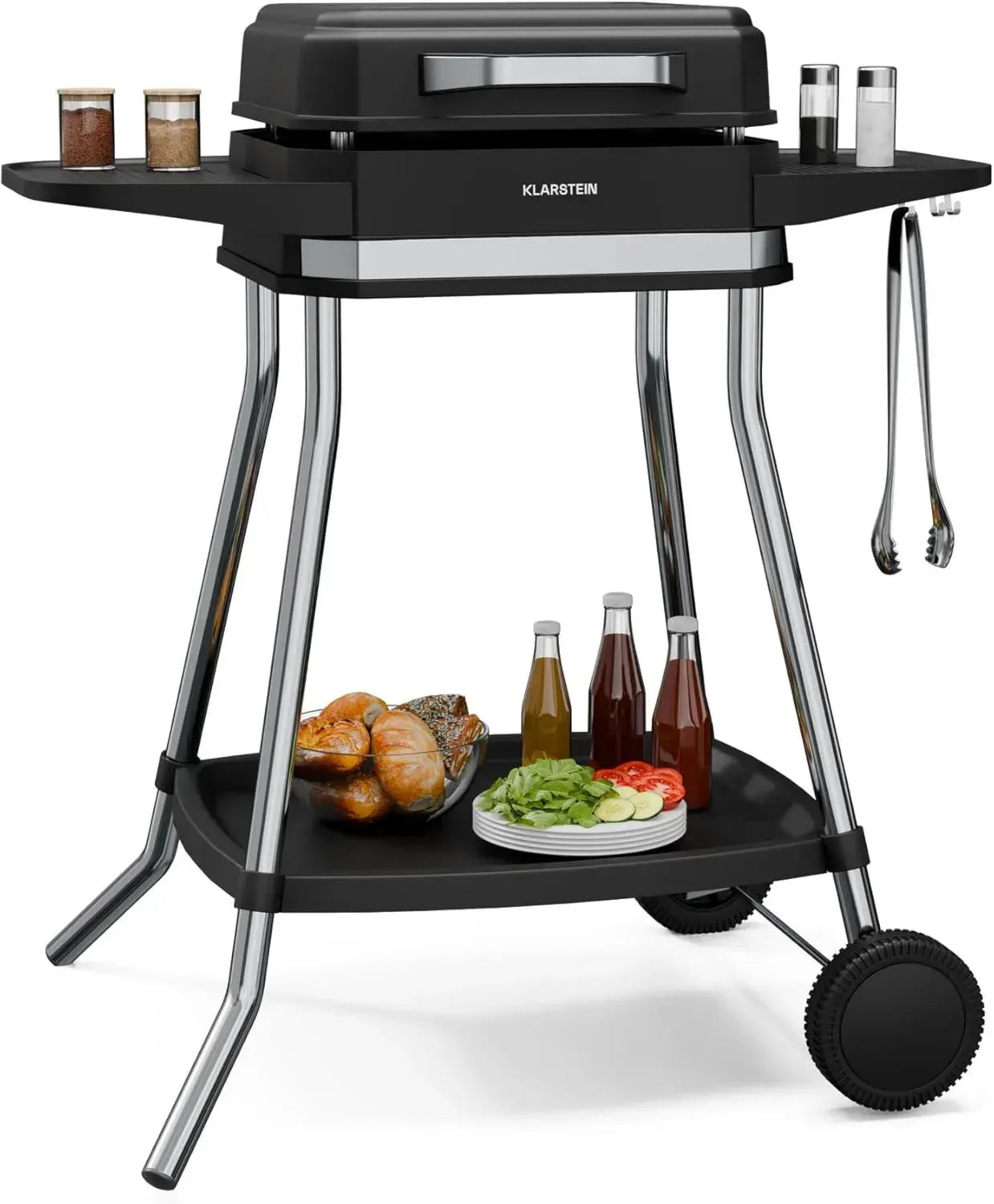 Klarstein Gatsby Elektrogrill 3050W - Rauchfreier Grill mit Antihaftplatte, für drinnen & draußen, Bis 240°C, Mit Seitentischen
