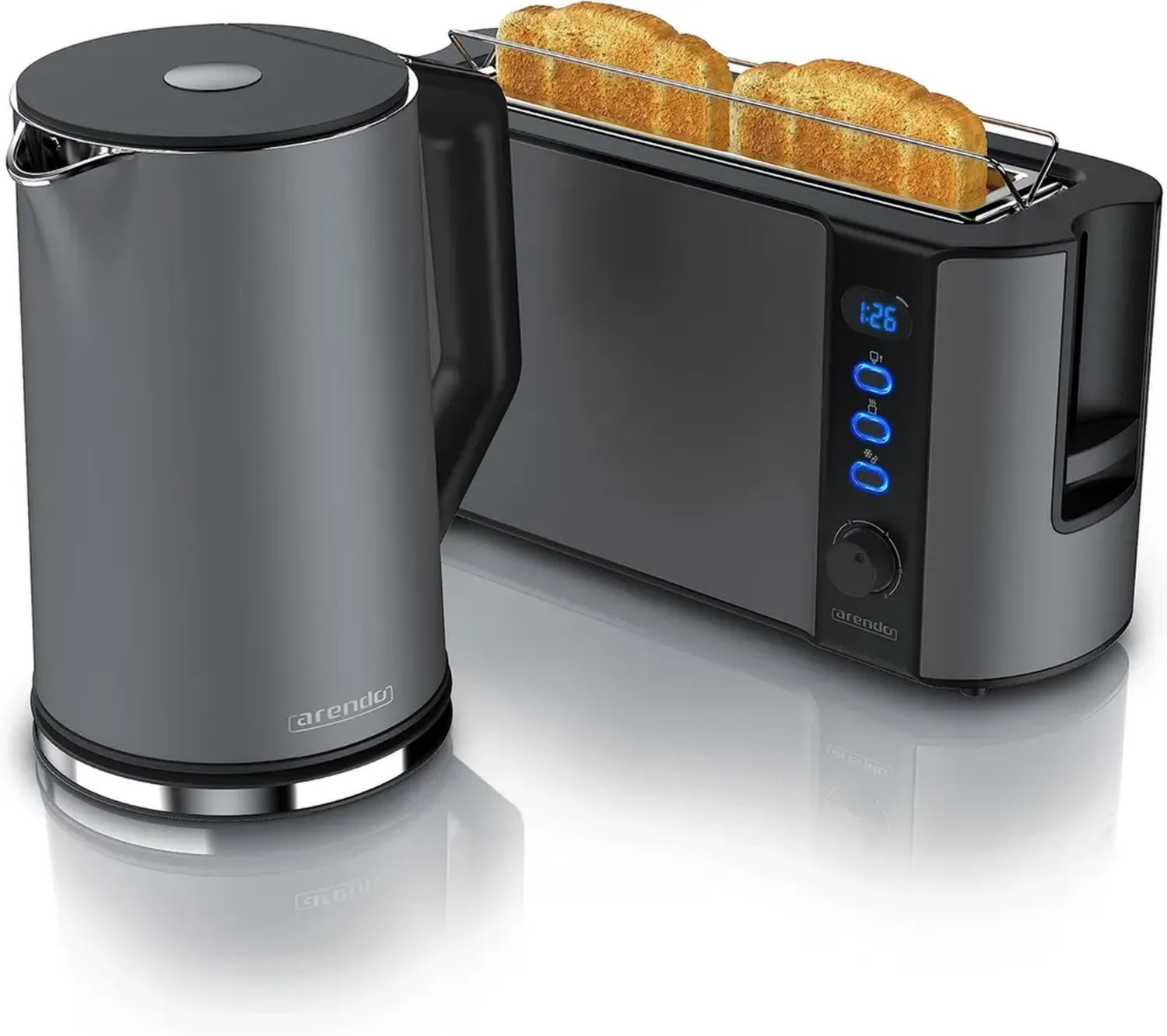 Arendo Edelstahl Wasserkocher und Toaster Set, 1,5L, 40-100°C, Warmhaltefunktion, LED-Display, 6 Bräunungsstufen