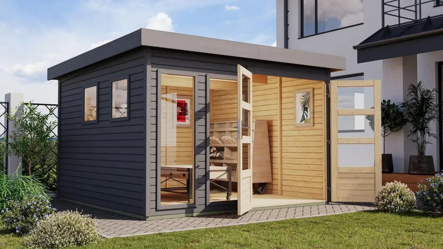 Nordisches Fichtenholz Gartenhaus Pentus mit Flachdach, Terragrau, XL