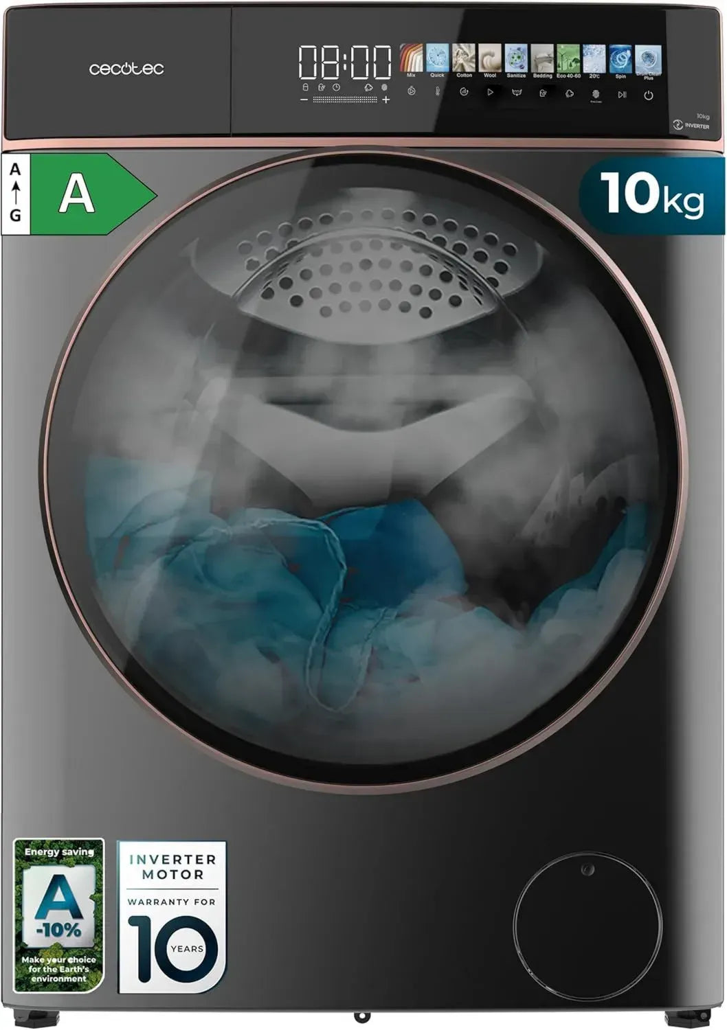 Cecotec 10kg Frontlader Waschmaschine, Bolero DressCode 10900 mit Autodose und Inverter-Technologie, 1400 U/min, niedriger Verbrauch, 10,3' Display, 11 Programme, FullColor Design