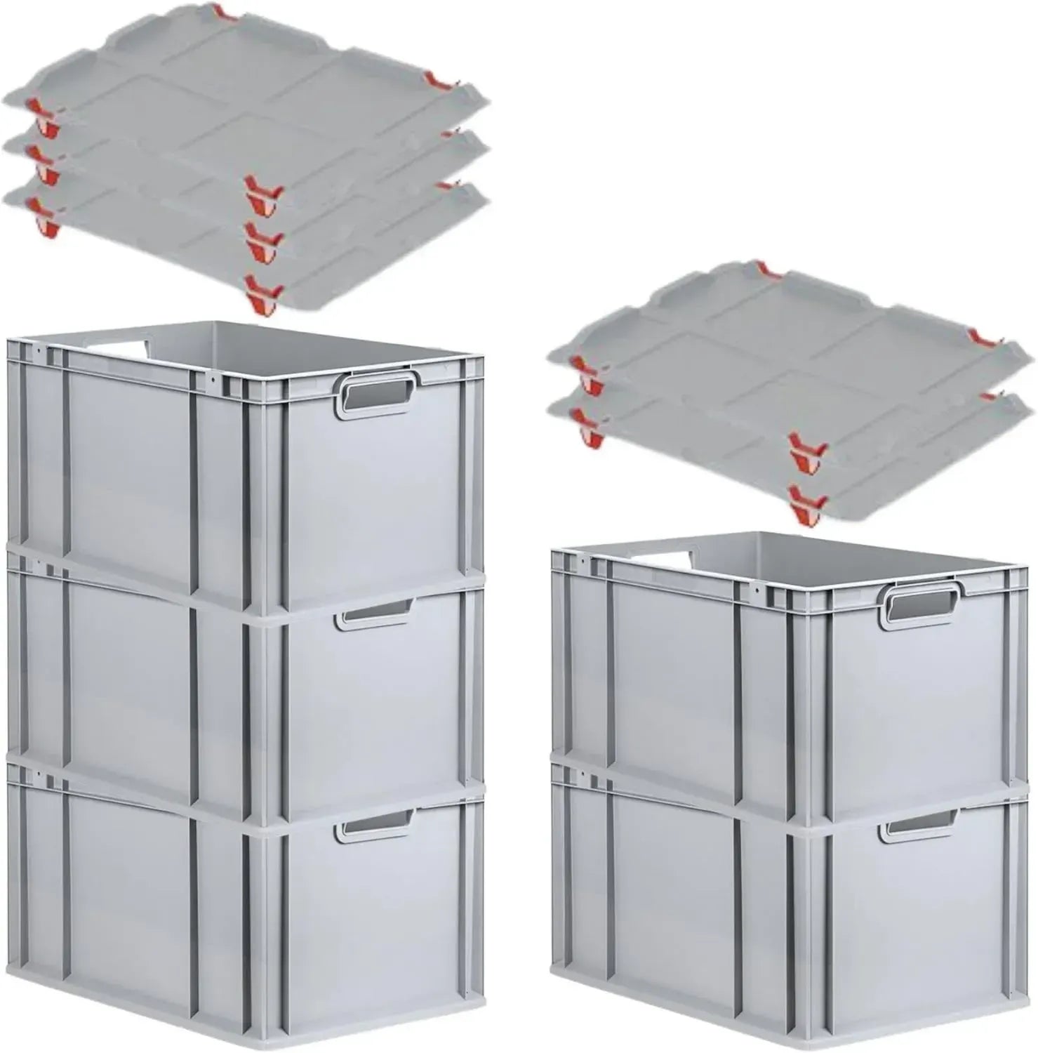 PROREGAL Set 5x Eurobox NextGen mit Deckel & roten Verschlüssen, 65L, Grau, Stapelbox