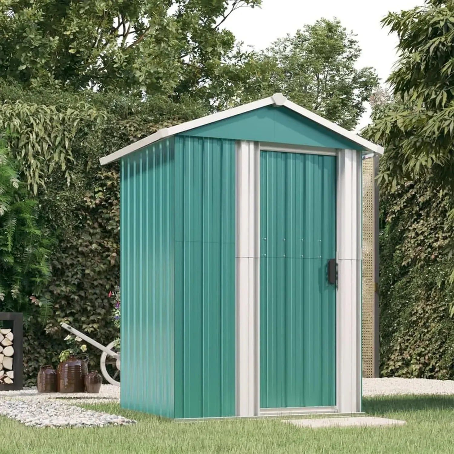 Stahlgerätehaus Grün 126x97,5x177cm für Garten und Fahrradaufbewahrung