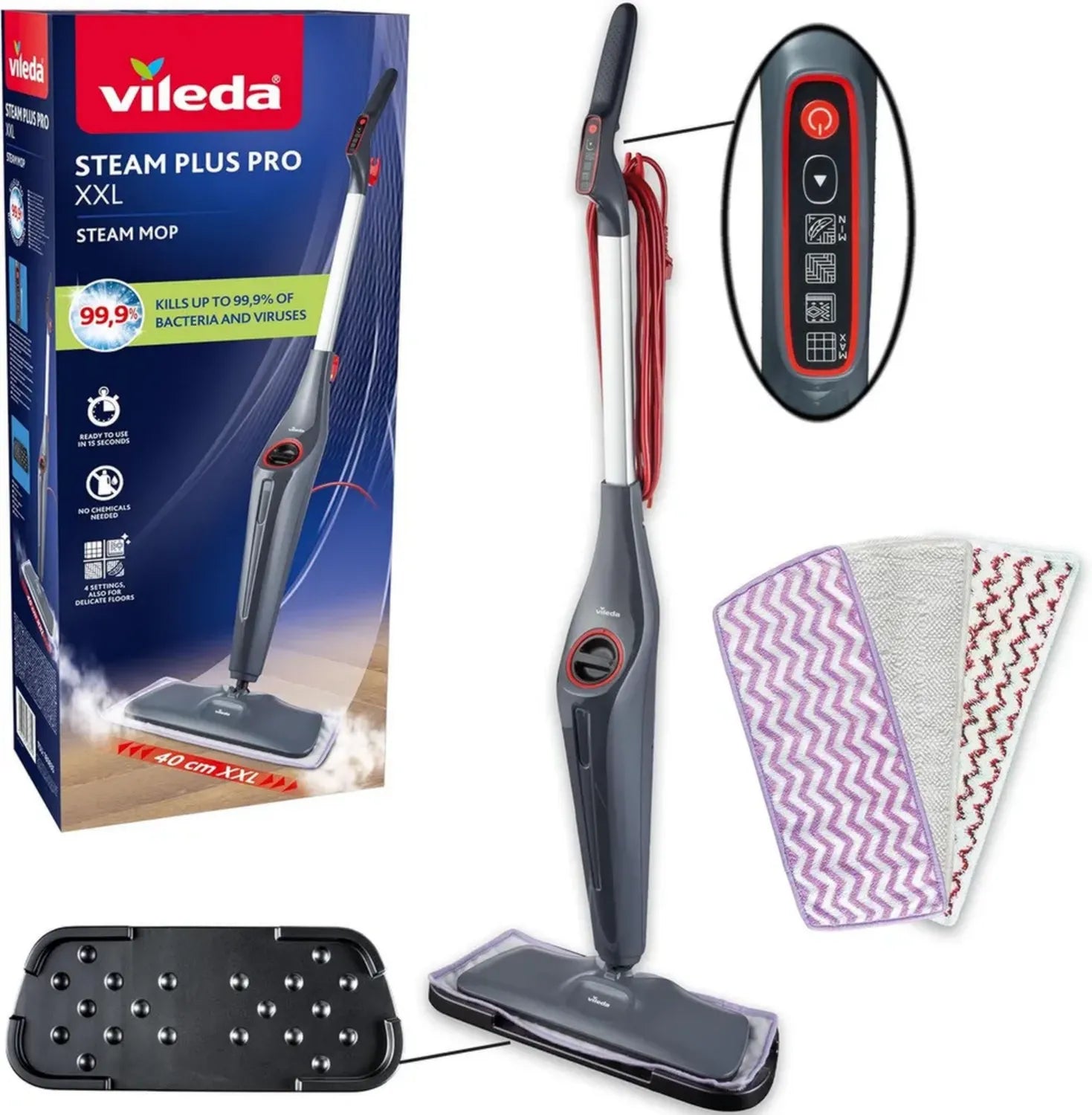 Vileda Dampfreiniger XXL Pro | Effektive Bakterien- und Virenentfernung | Schonend für empfindliche Böden | 4 Dampfstärken | Abstellunterlage | Umweltfreundliche Verpackung