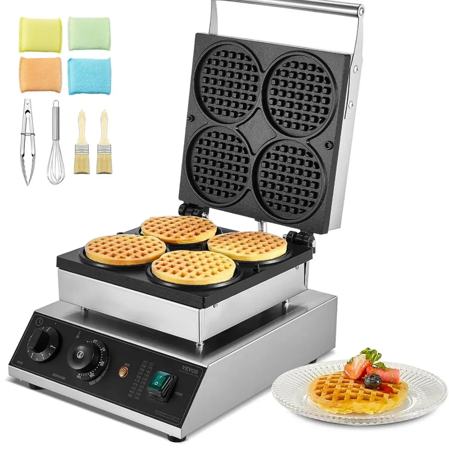 VEVOR Profi-Waffelautomat 1750W, Edelstahl Waffeleisen mit Antihaftbeschichtung, Temperatur- & Zeitregelung, für Gastronomie, 4 runde belgische Waffeln
