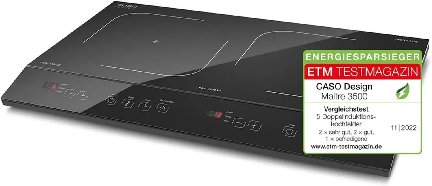 CASO Maitre 3500: Mobile Doppel-Induktionskochplatte mit PowerSharing und SmartControl - 3500 W, 12 Stufen, 60-240°C, 180 Min. Timer, 26 cm Kochfläche, Schwarz