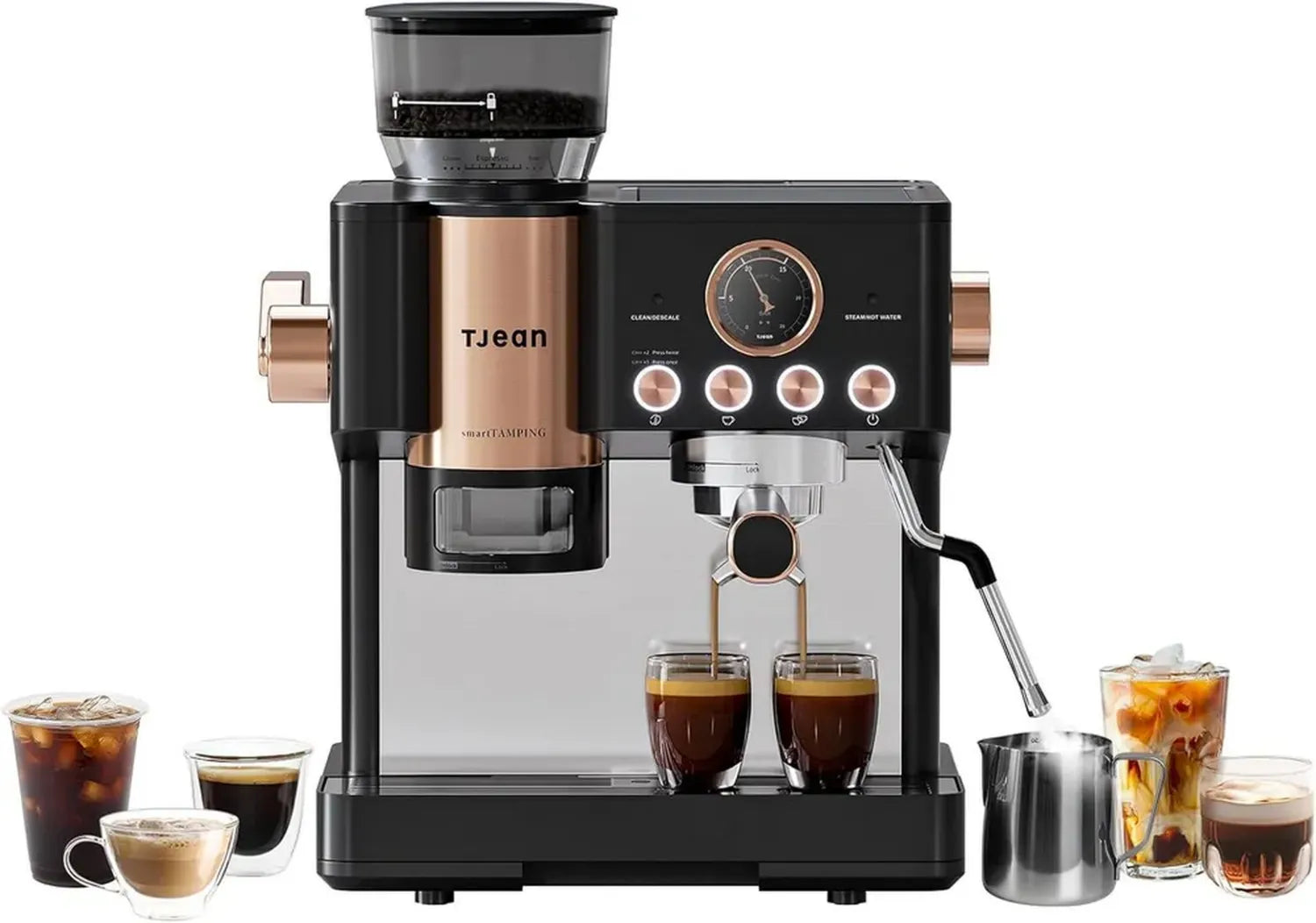Tjean Senso Barista Kaffeemaschine mit Doppelboiler, integriertem Mahlwerk und Milchaufschäumer, 3-in-1 Espressomaschine, 20 Bar Druck, 2,8L Tank, 15 Mahlgrade, 2300W