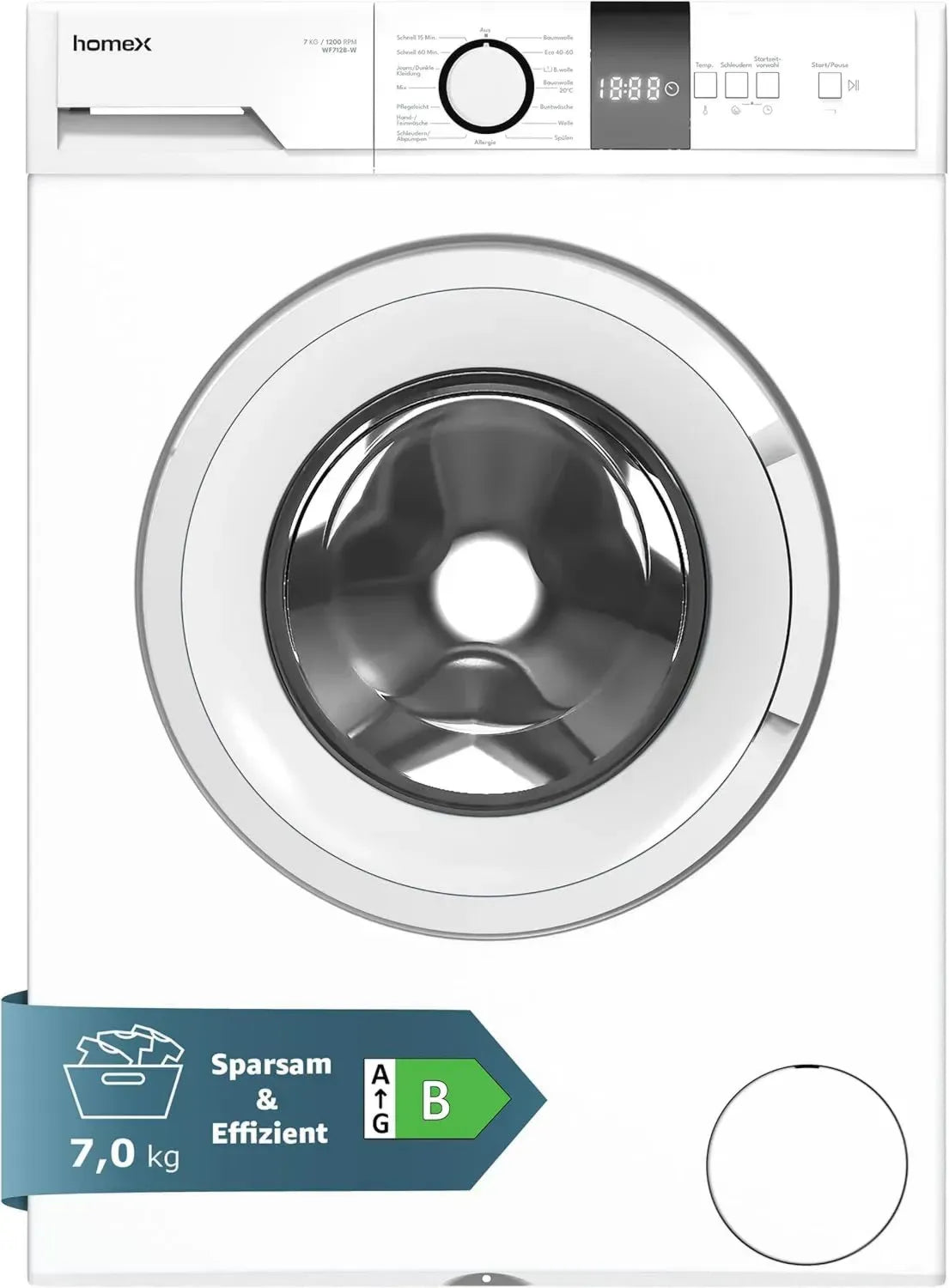 homeX 7kg Frontlader Waschmaschine, 1200 U/Min., Inverter Motor, AquaStop, Schontrommel, 15 Programme, Energieklasse B