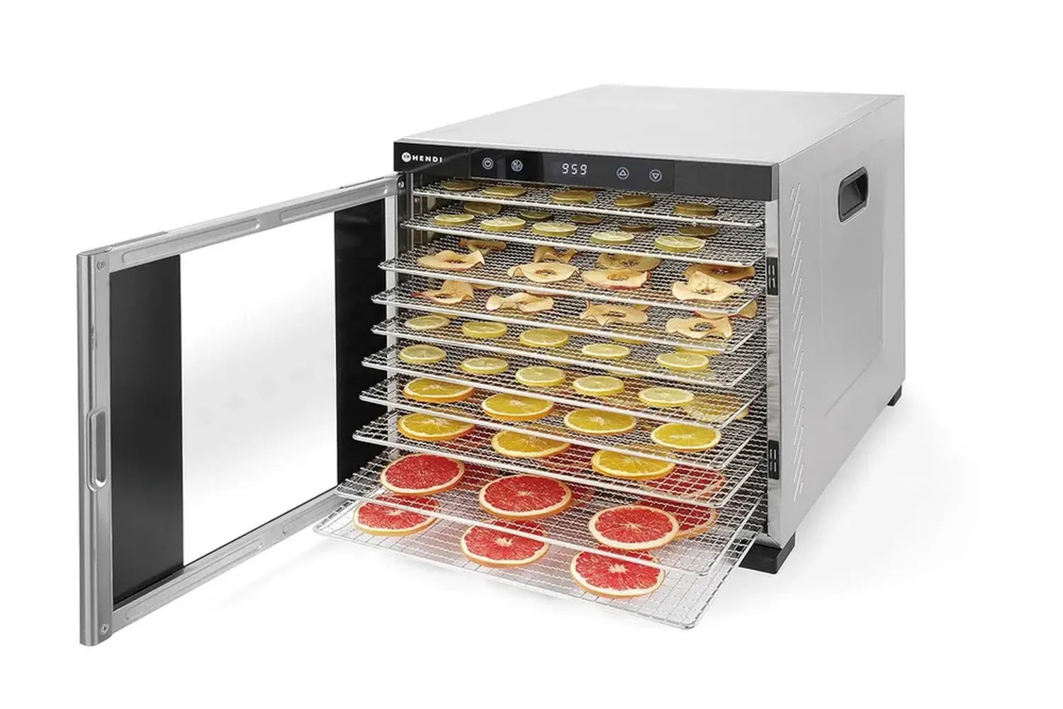 HENDI Edelstahl-Dörrgerät mit 10 Etagen, Digitaldisplay, Timer und Temperaturregelung 35-75°C, ideal für Obst, Gemüse, Fleisch, 230V/1000W