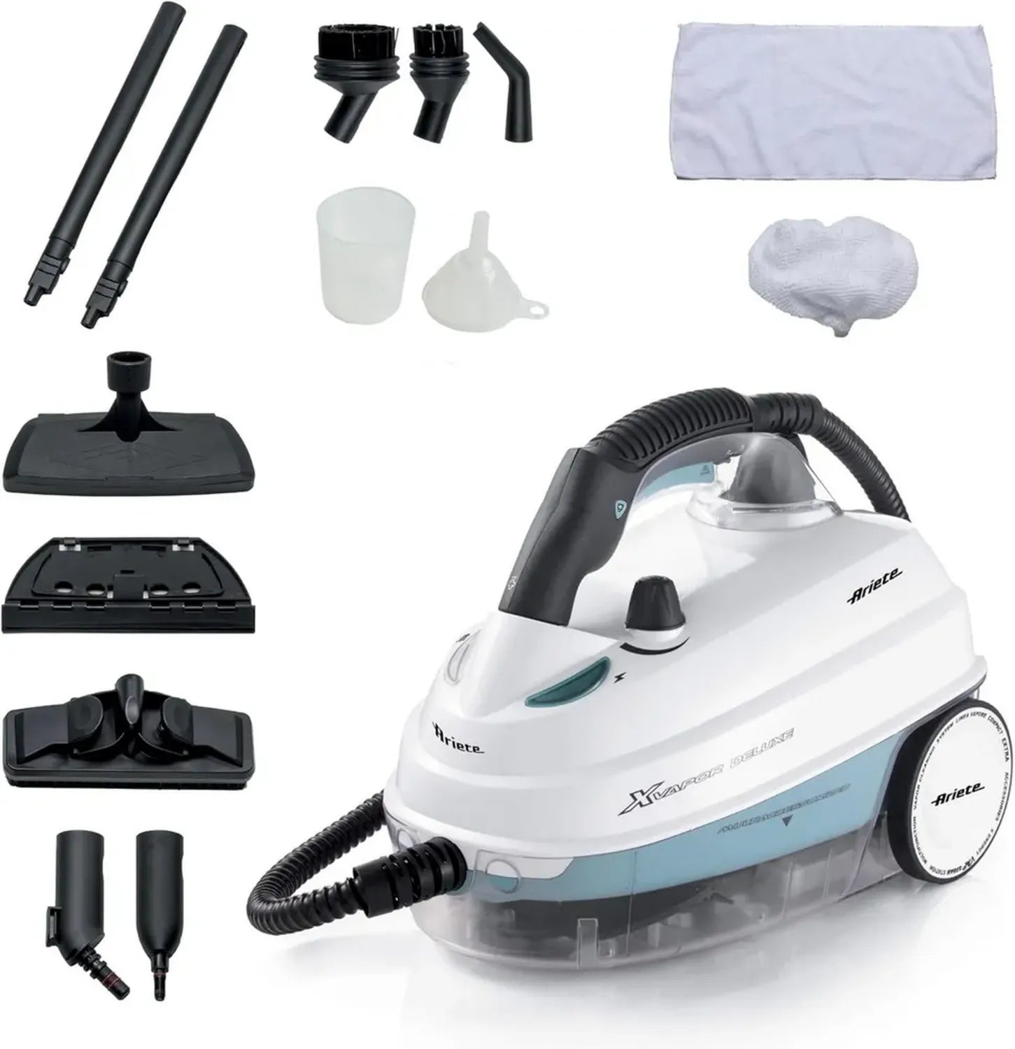 Ariete 4146 XVapor Deluxe, Tragbarer Dampfreiniger, 1,6 L Tank, 5 Bar Druck, Integriertes Zubehörfach, 55 Min Betriebszeit, 6 m Kabel, 1500W Leistung