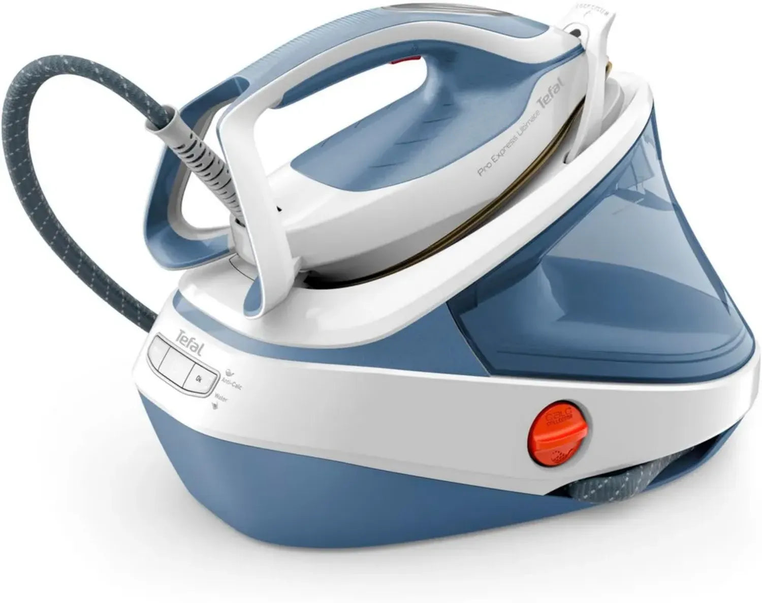 Tefal Pro Express Ultimate Bügelstation, 7,6-Bar Druck, 155 g/min Dauerdampf, 580 g/min Dampfstoß, automatische Anpassung, vertikaldampfen, Weiß/Blau, Modell GV9710