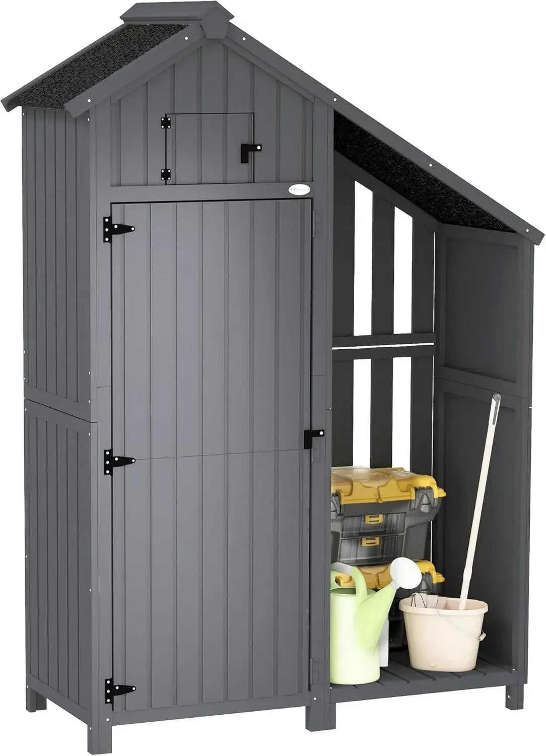 Outsunny Holz-Geräteschrank mit Satteldach, Gartenhaus in Grau-Schwarz, 129x51,5x180 cm