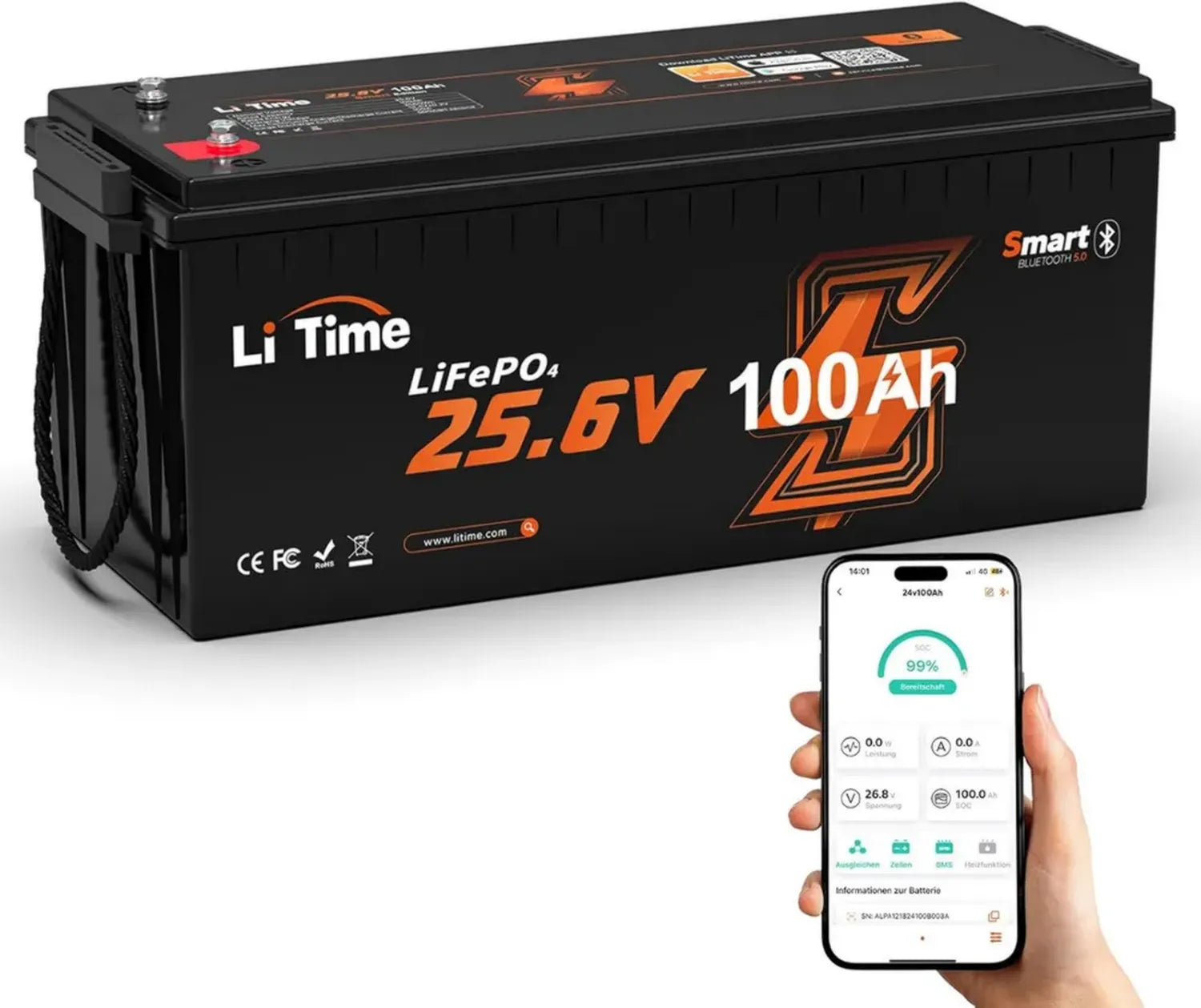 LiTime 24V 100Ah LiFePO4 Akku mit Bluetooth und Kälteschutz, über 4000 Zyklen, 100A BMS, Max. 2560Wh, Ersatz für Blei-Säure, ideal für Wohnmobile