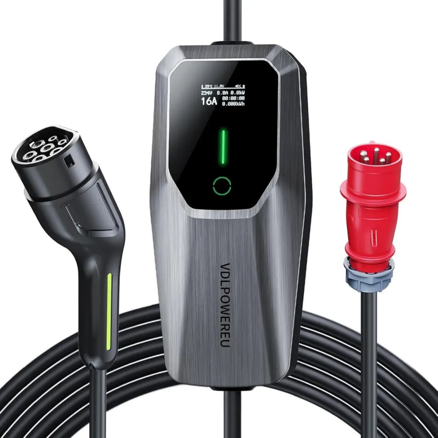 Tragbare Wallbox 11kW mit Typ 2 Kabel, 5m, 3-phasig, Einstellbarer Strom 6-16A und programmierbare Startzeit, geeignet für alle Elektrofahrzeuge EV/PHEV nach IEC 62196-2