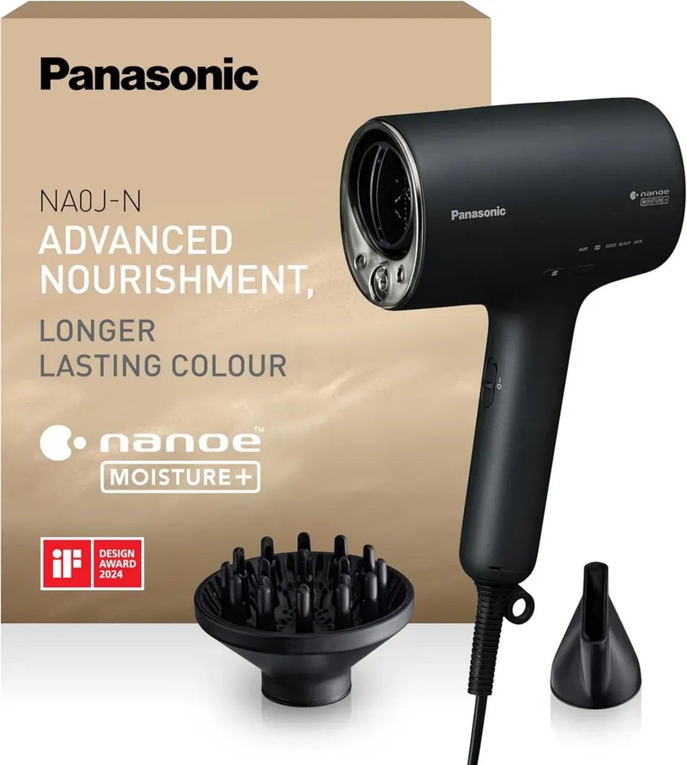 Panasonic EH-NA0J-N825 Haartrockner mit nanoe MOISTURE+ & Mineral, IF Design Award, Diffusor & Konzentratordüse, Warm- & Kaltmodus, Pflege für Haar & Kopfhaut, 1600 W, Schwarz