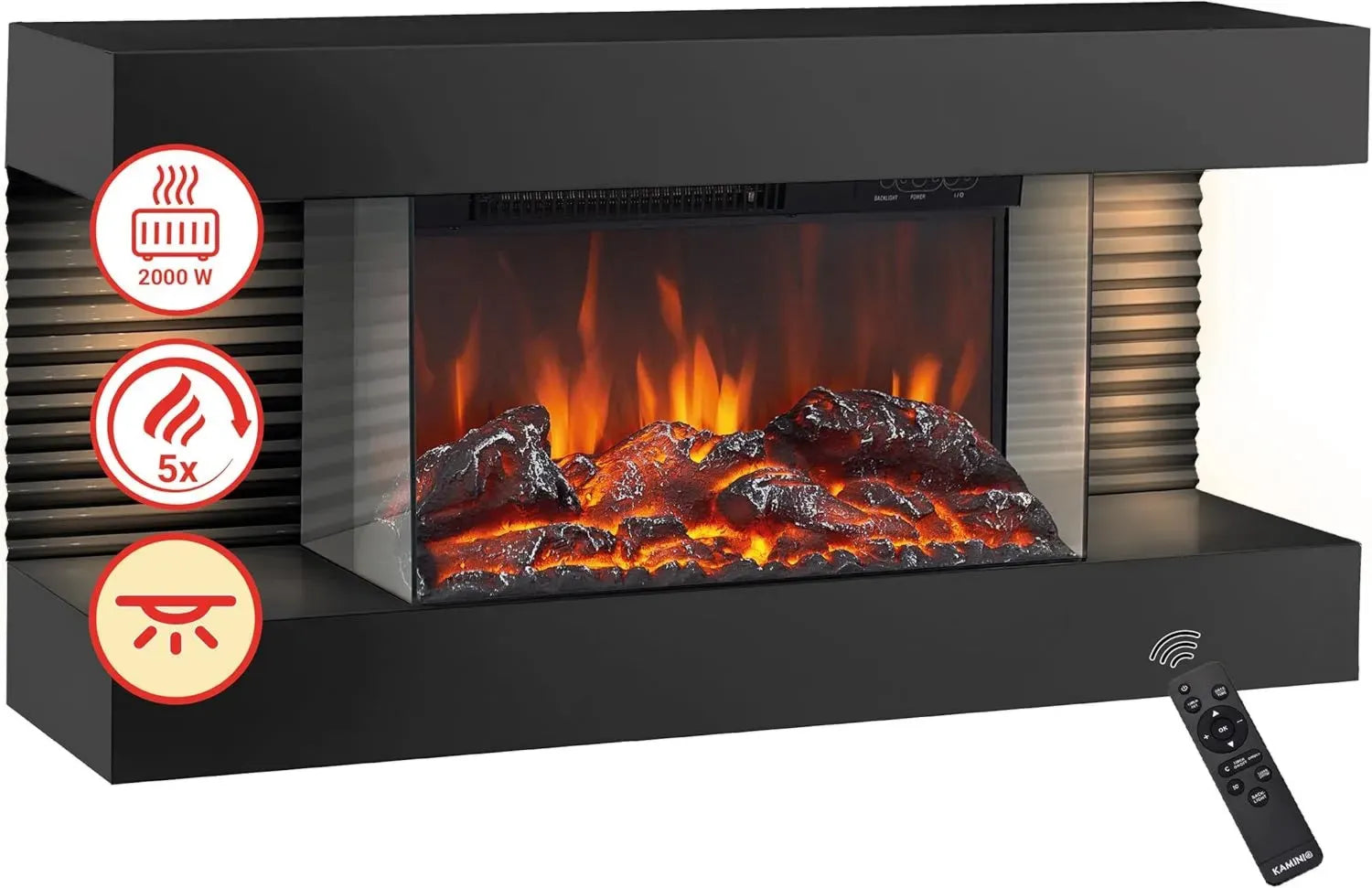 Elektrischer Wandkamin Liz mit 3D-Flammeneffekt und LED-Licht, inkl. Heizung und Fernbedienung, Schwarz