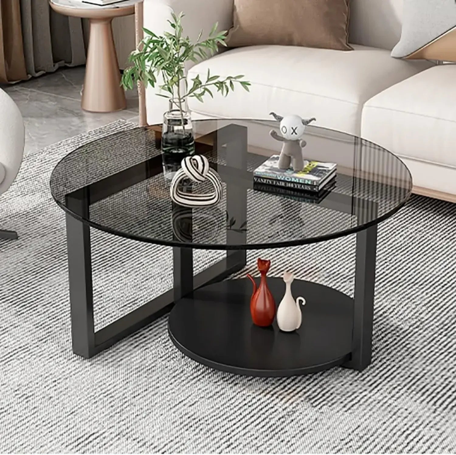 Moderner runder Glastisch mit Metallrahmen und Stauraum, ideal fürs Wohnzimmer