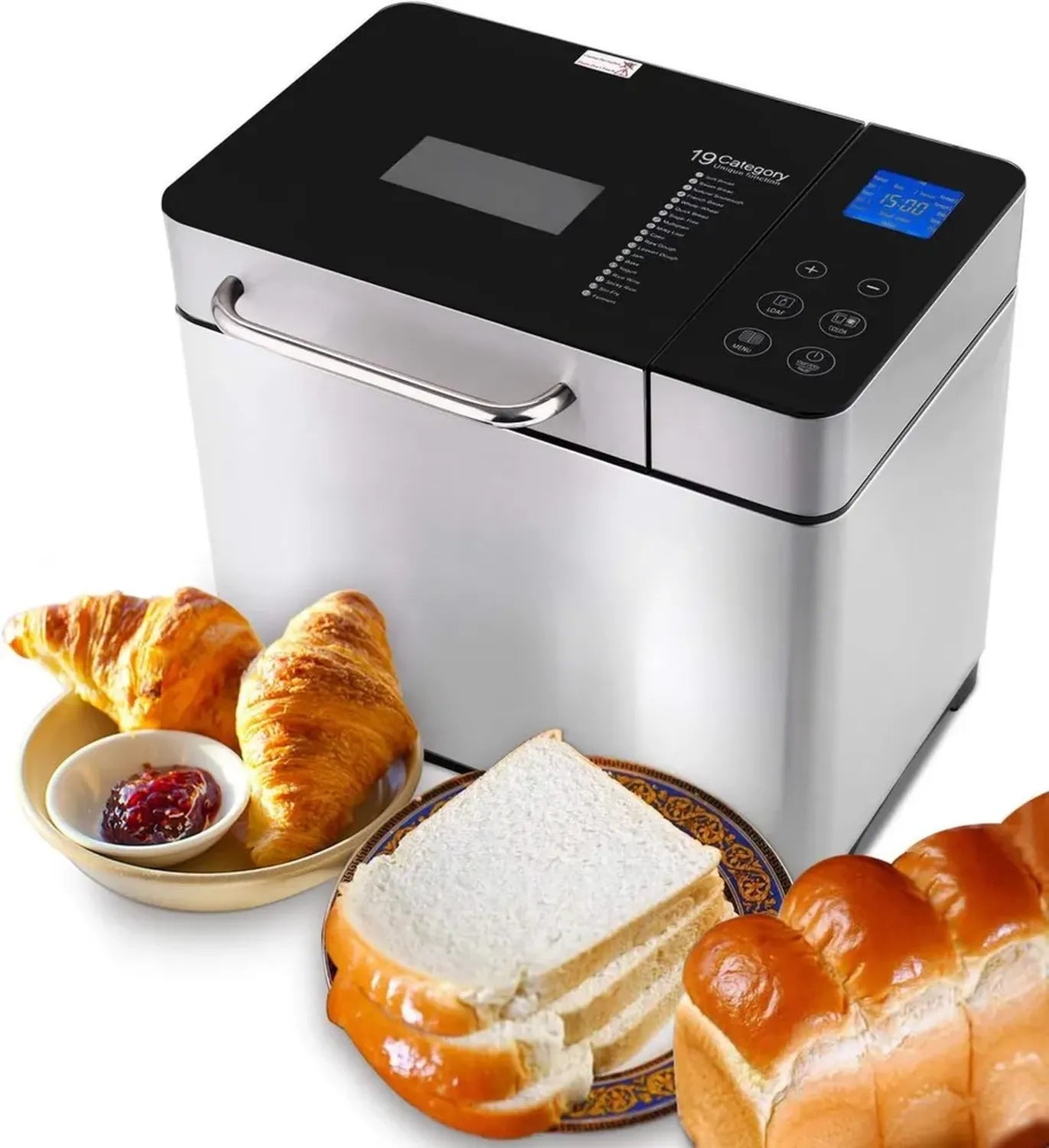 Vollautomatischer Brotbackautomat 710W mit Zutatenfach, 19 Programmen und Timer, Edelstahl, Silber