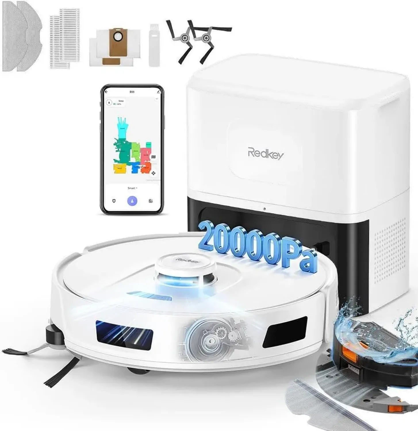Redkey R11 Saugroboter mit Wischfunktion und 4L Staubbehälter, 20.000Pa Saugleistung, LiDAR Navigation, APP Steuerung, optimal für Teppiche und Tierhaare