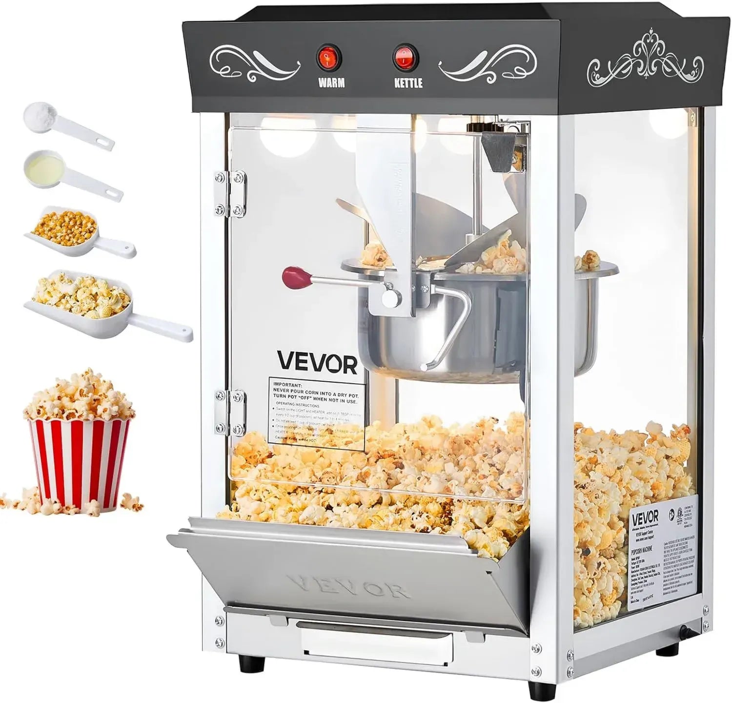 VEVOR Professionelle Popcornmaschine, 800 W, Kinoqualität, 48 Tassen, Edelstahlkessel, einfache Bedienung, Schwarz