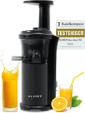 KLAMER Slow Juicer für Obst und Gemüse, elektrischer Entsafter mit Rückwärtsfunktion, kompakte Saftpresse mit Reinigungsbürste und 2 Behältern, schwarz