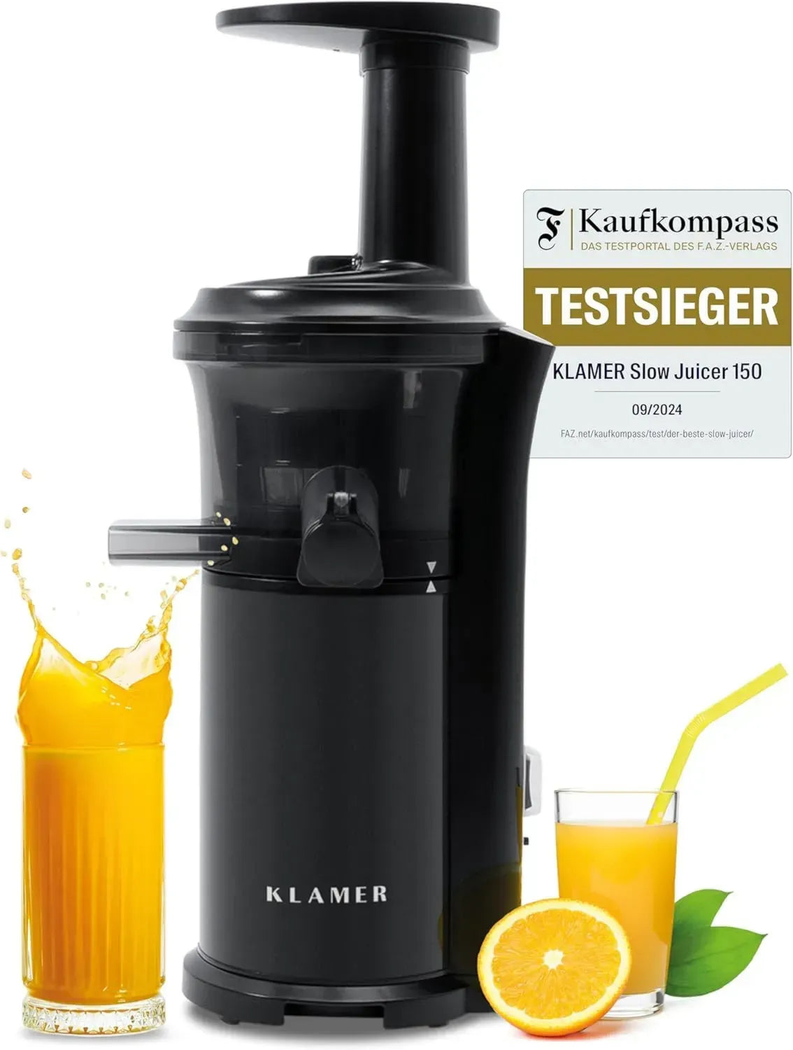 KLAMER Slow Juicer für Obst und Gemüse, elektrischer Entsafter mit Rückwärtsfunktion, kompakte Saftpresse mit Reinigungsbürste und 2 Behältern, schwarz