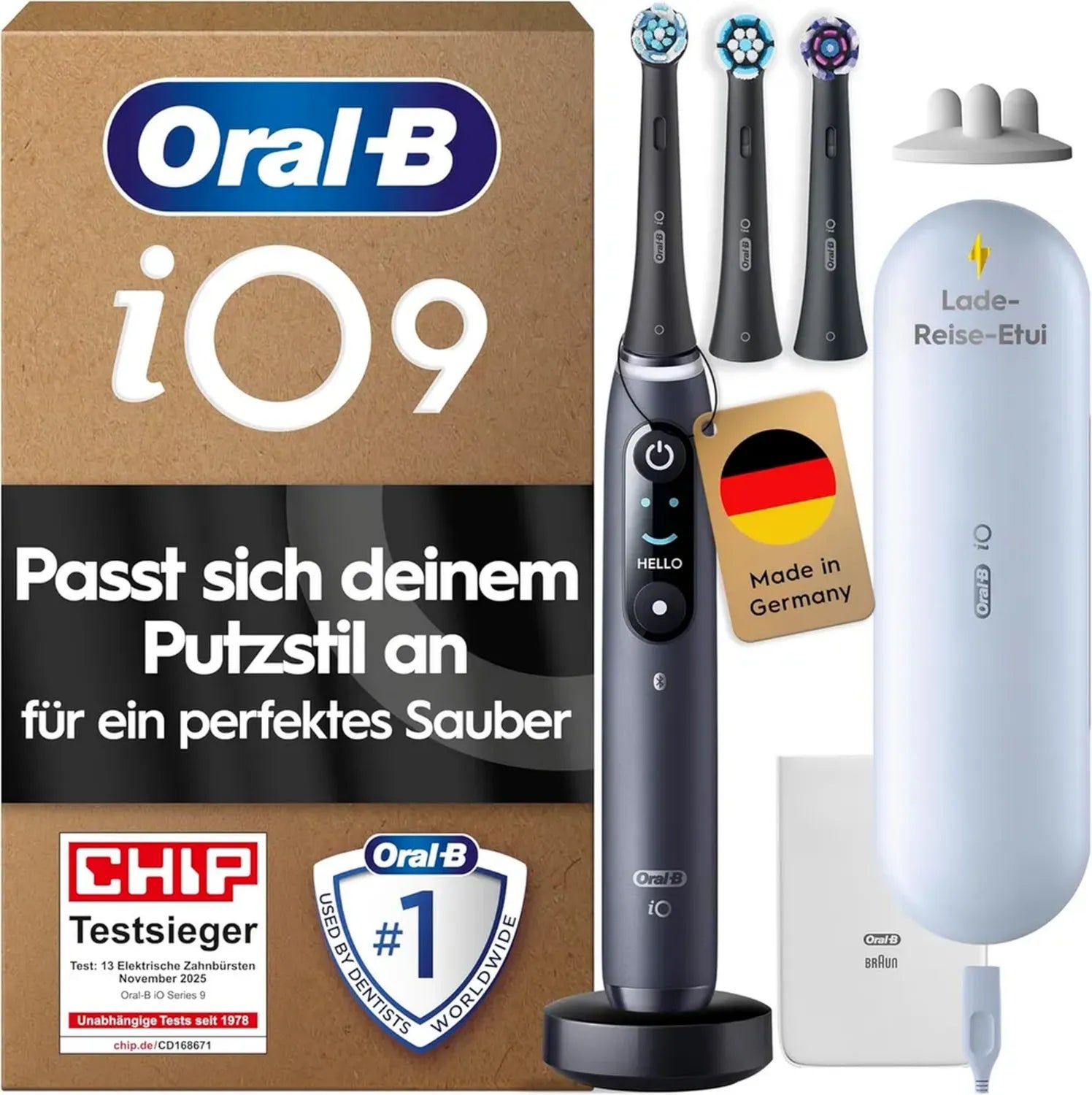 Oral-B iO Series 9 Elektrische Zahnbürste mit 3 Bürstenköpfen und 7 Pflege-Modi, Testsieger, Schwarz