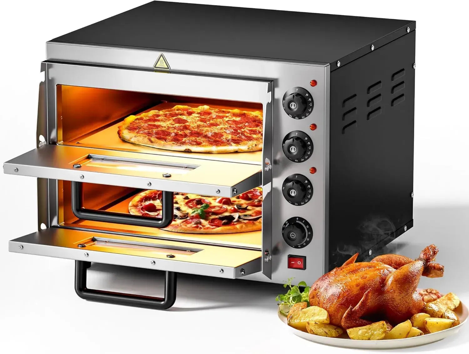 Pizzaofen mit Doppelkammer und 3000W Leistung, Inklusive Cordierit-Stein für Steinofen-Qualität