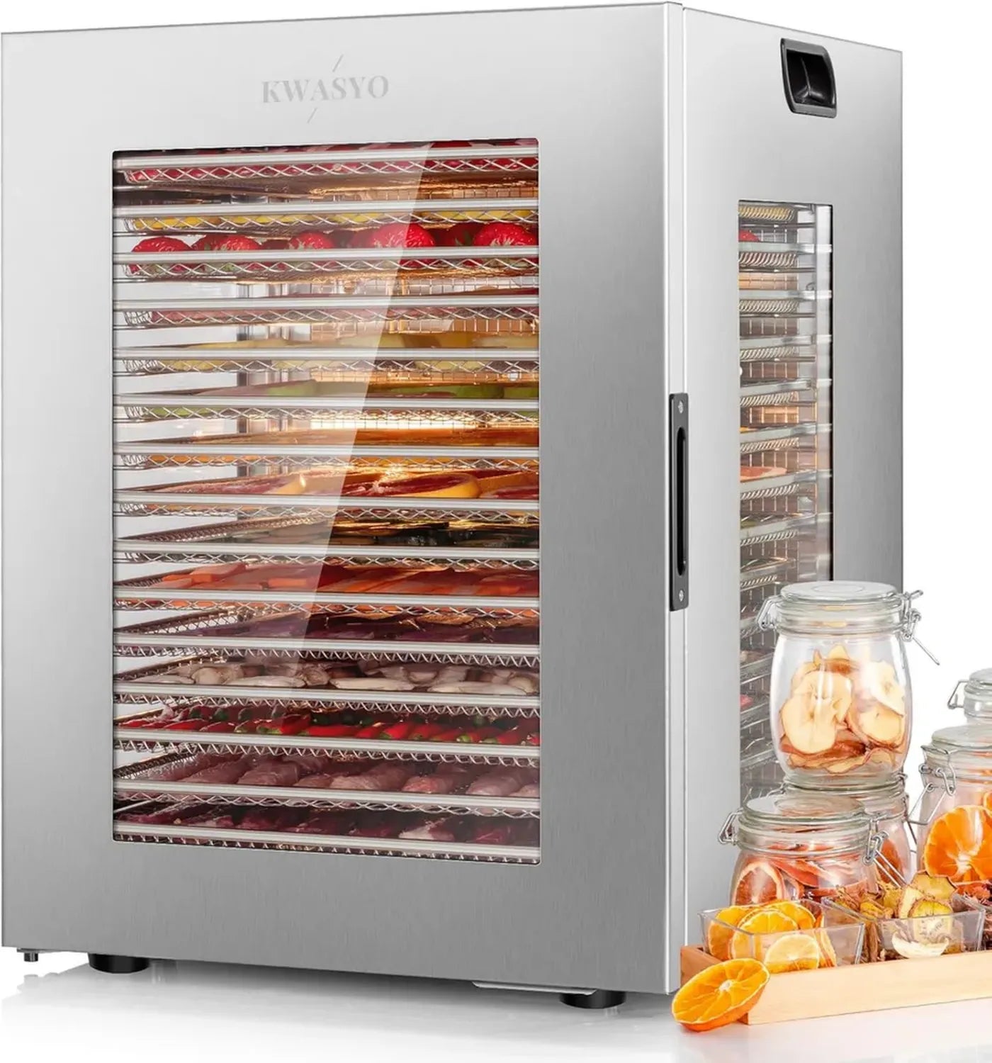 Kwasyo Edelstahl Dörrautomat mit Doppelventilator, 15 Ebenen, Temperaturregelung 30-90°C, 24h Timer, Überhitzungsschutz, inklusive Rezeptbuch