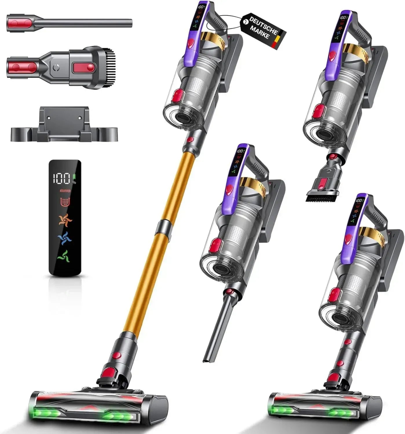 Kabelloser Hochleistungs-Akkusauger, 550W, 58KPa, 50 Minuten Laufzeit, LED-Display, Anti-Tangle-Bürstenkopf, 1,8L Kapazität, Ideal für Tierhaare und verschiedene Bodenbeläge, Grau & Gold