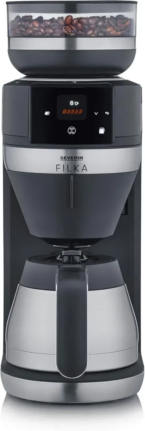SEVERIN 5-in-1 Kaffeevollautomat mit LED-Anzeige, Thermokanne und Mahlwerk, Schwarz/Edelstahl