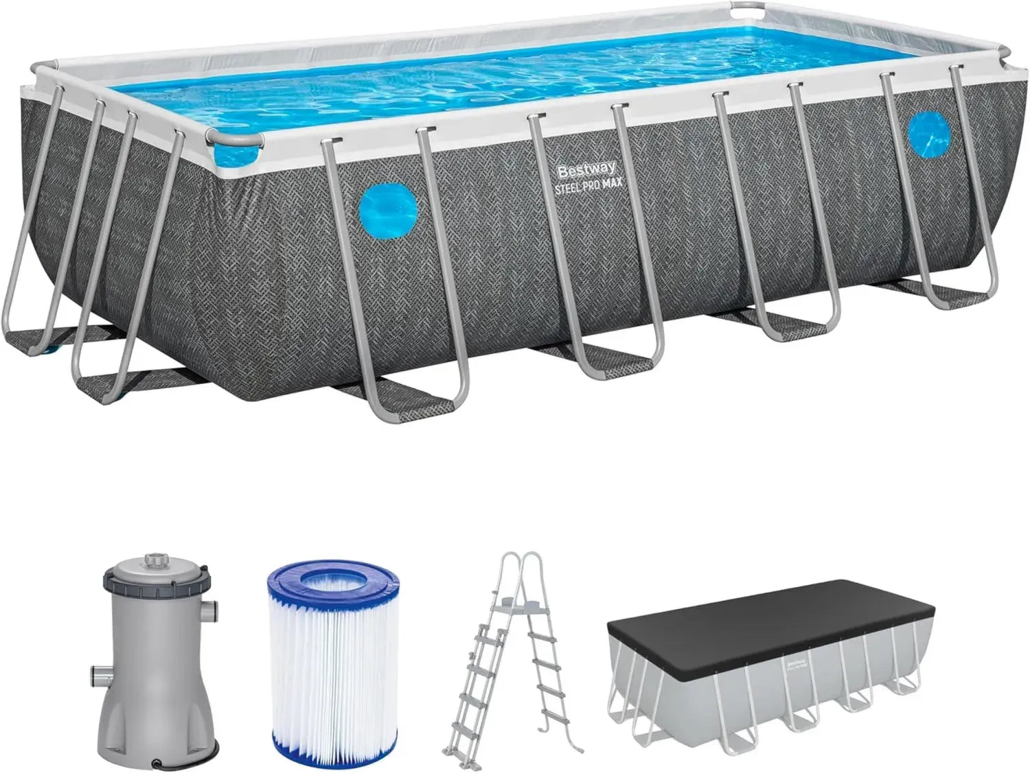Bestway Stahlrahmen-Pool Set mit Pumpe und Zubehör, 488x244x122 cm, 11.532 Liter, Rattan-Look
