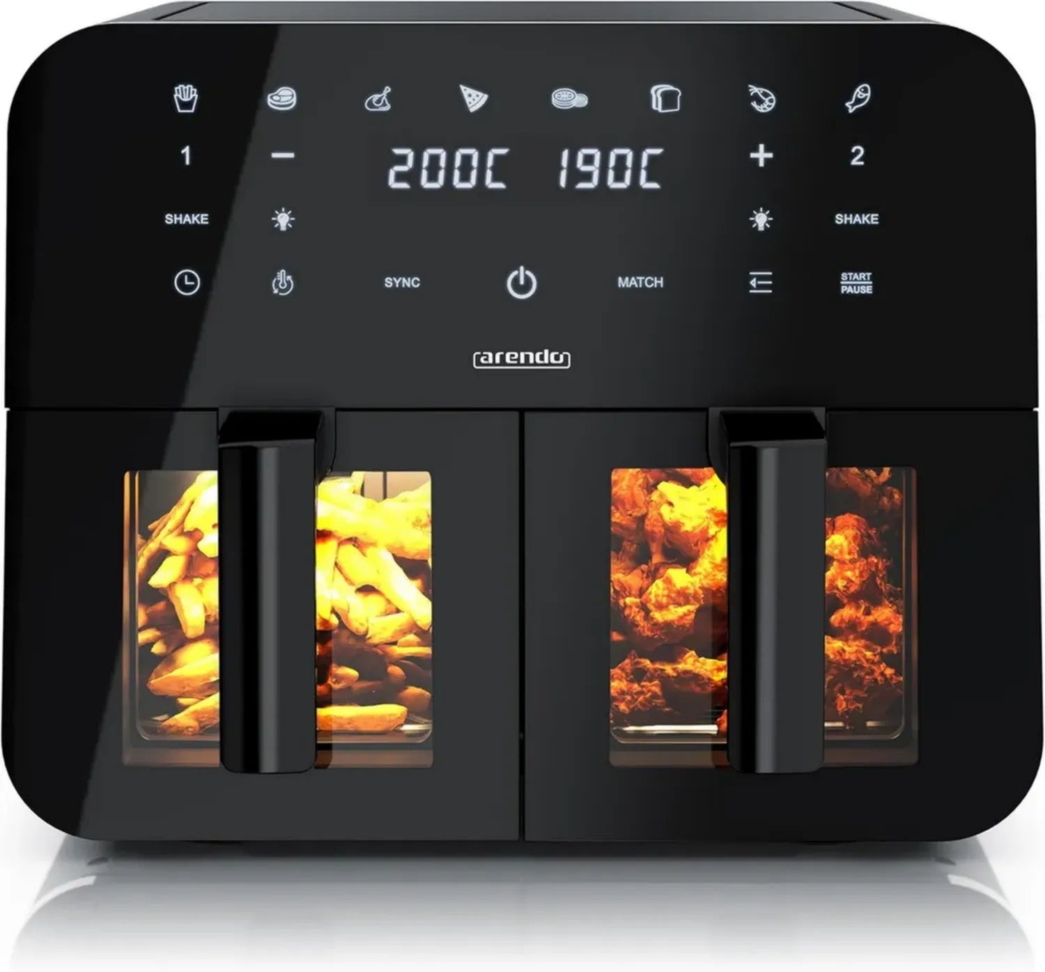 Arendo Heißluftfritteuse 9L, Doppelkammer-Design, XXL Kapazität mit Sichtfensterbeleuchtung, Touchscreen und 3D Umluftsystem