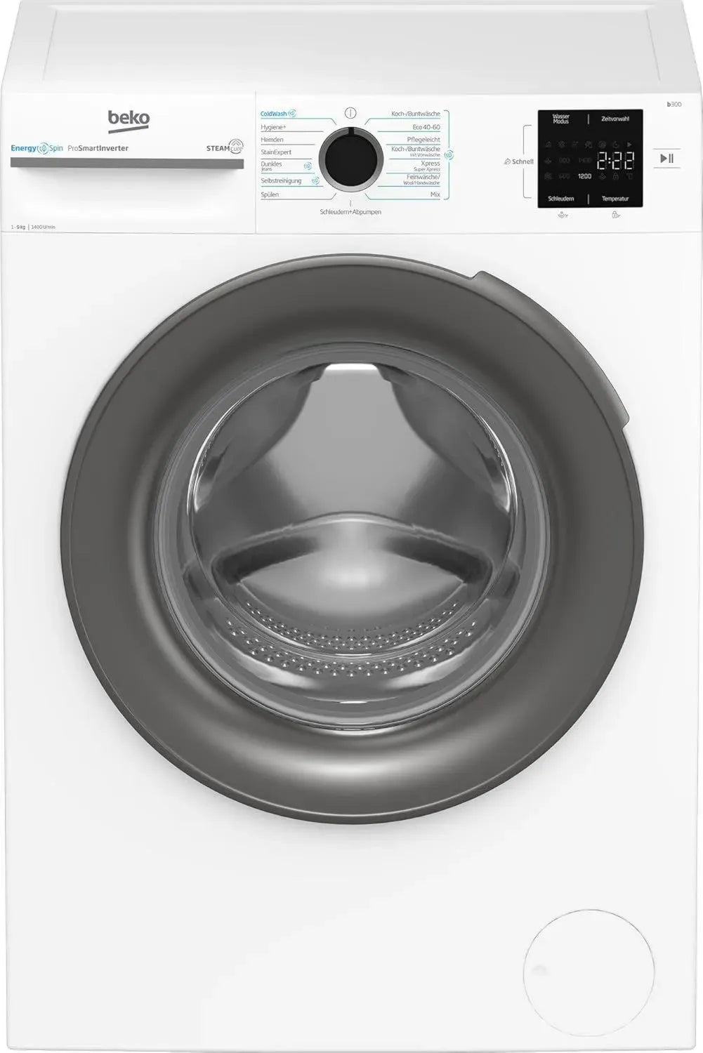 Beko Waschmaschine 9 kg Frontlader, 1400 U/min, SteamCure, Allergikerfreundlich, Restzeitanzeige, Weiß