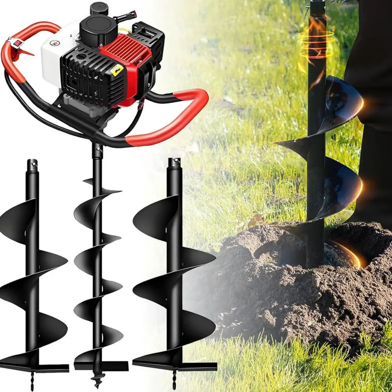 4-Takt Benzin-Erdbohrer mit Manganstahl-Bohrerspitze, ideal für Zaunpfähle und Bäume, 1200ml Tank, 3 Bohrgrößen