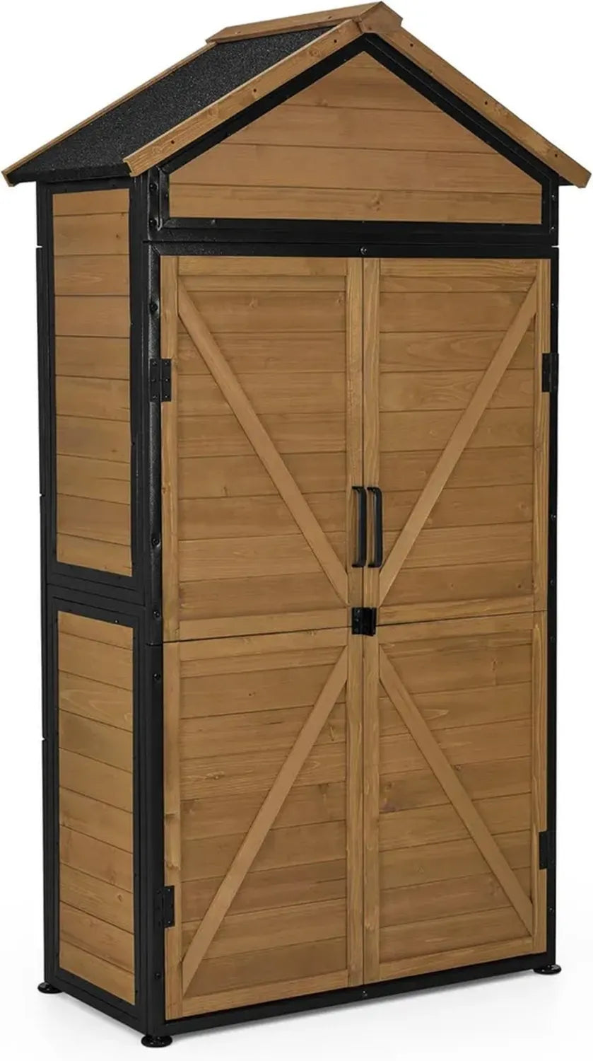 Wetterfester MCombo Gartenschrank aus Holz mit Metallgestell, 2 Regalböden, 45x90x165 cm