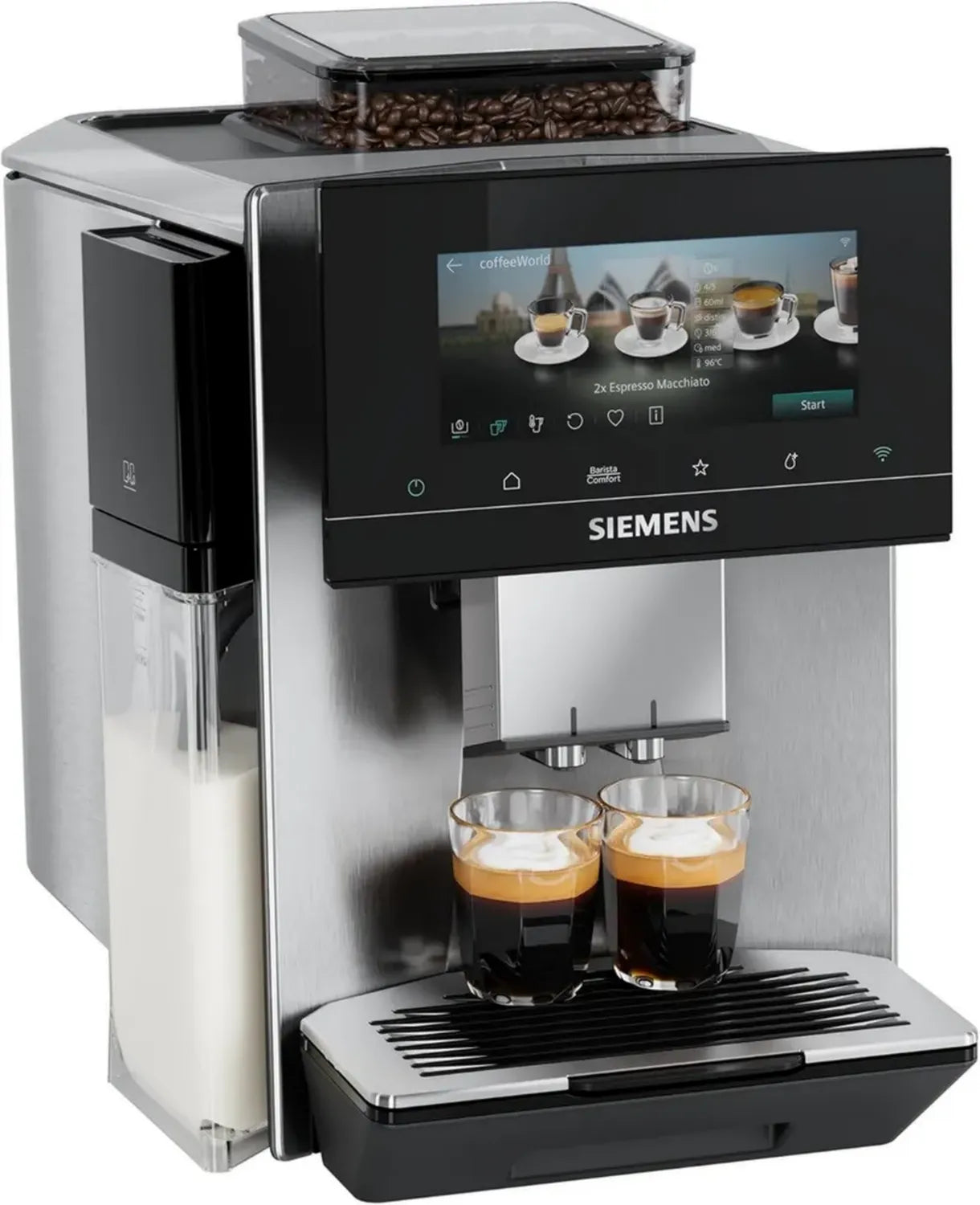Siemens EQ900 Kaffeevollautomat, 6.8'' Farbdisplay, automatisches Reinigungssystem, leise, 41 Getränkeoptionen, XL-Becherfunktion, Edelstahl