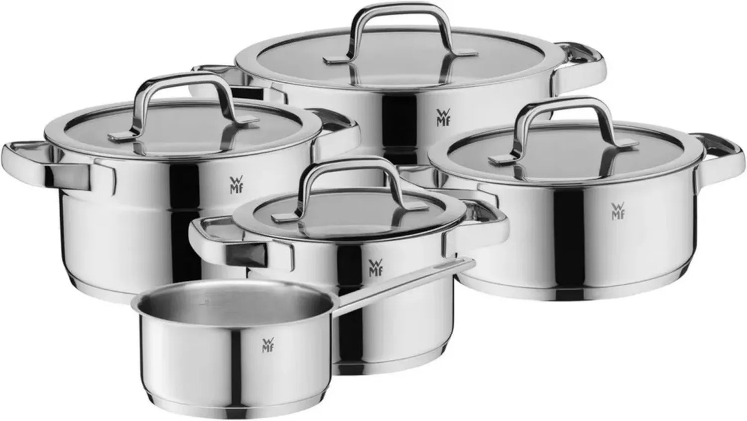 WMF Compact Cuisine 5-teiliges Induktions-Kochtopfset, polierter Edelstahl mit Glasdeckel und Innenskalierung