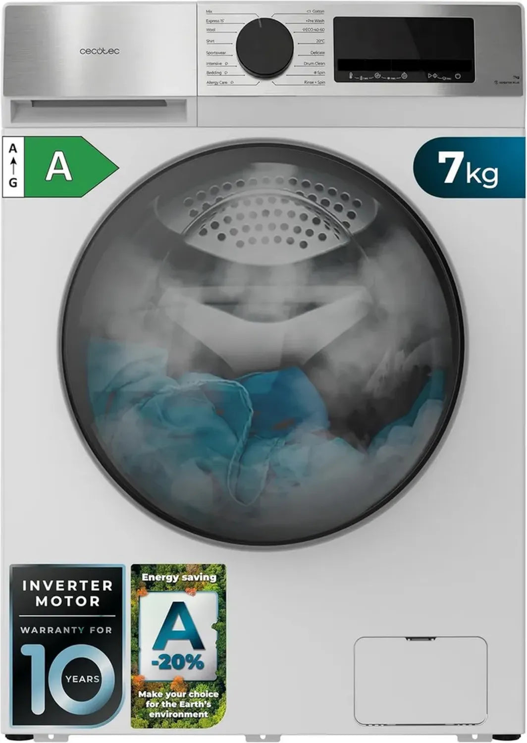Cecotec Bolero DressCode 7450 Inverter Waschmaschine, 7 kg, 1.200 U/min, Energieklasse A-10%, 16 Programme, Allergiepflege, Kindersicherung, Edelstahlpanel, Leise Betrieb, Weiß