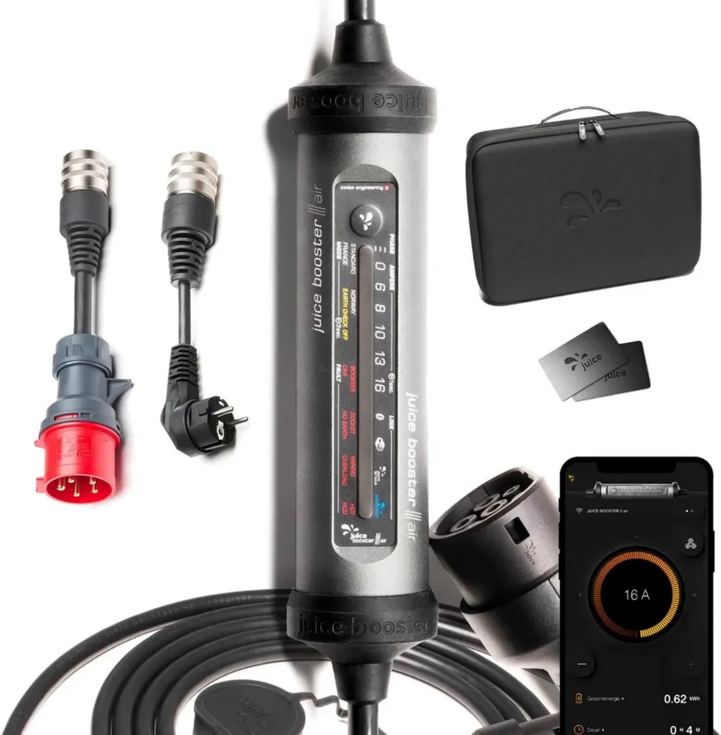 Juice Booster 3 Air - 11 kW Wallbox mit App-Steuerung und Stromzähler, Typ 2 Ladekabel, kompakt, flexibel, wasserdicht und überfahrbar, universelle Steckdosenadapter - Hergestellt in Deutschland