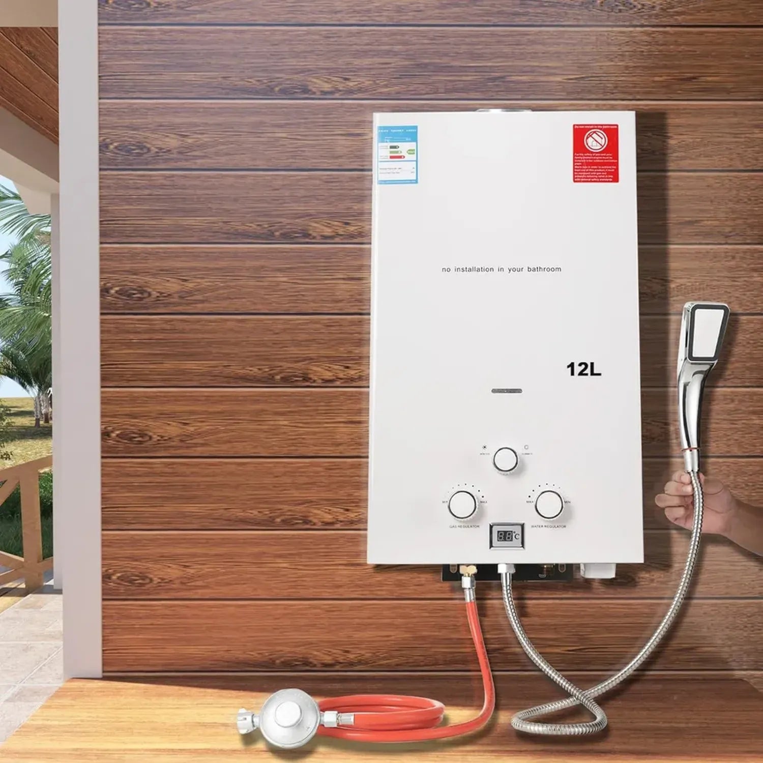 12L 24KW Propangas Durchlauferhitzer, tragbarer Geysir für Outdoor-Duschen mit CE-Zertifizierung